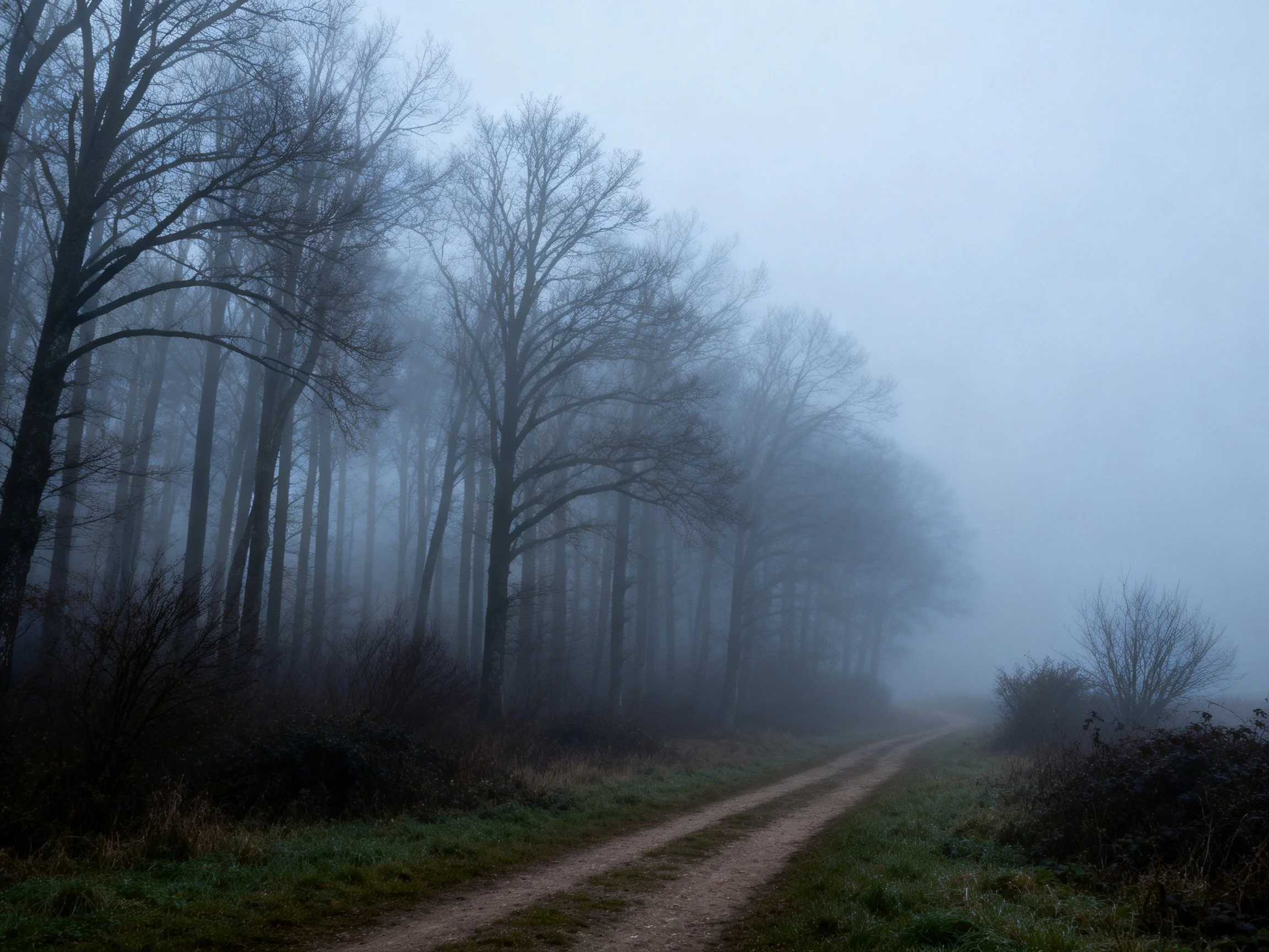 Foggy Forest Path with Tall Bare Trees and Dirt Road