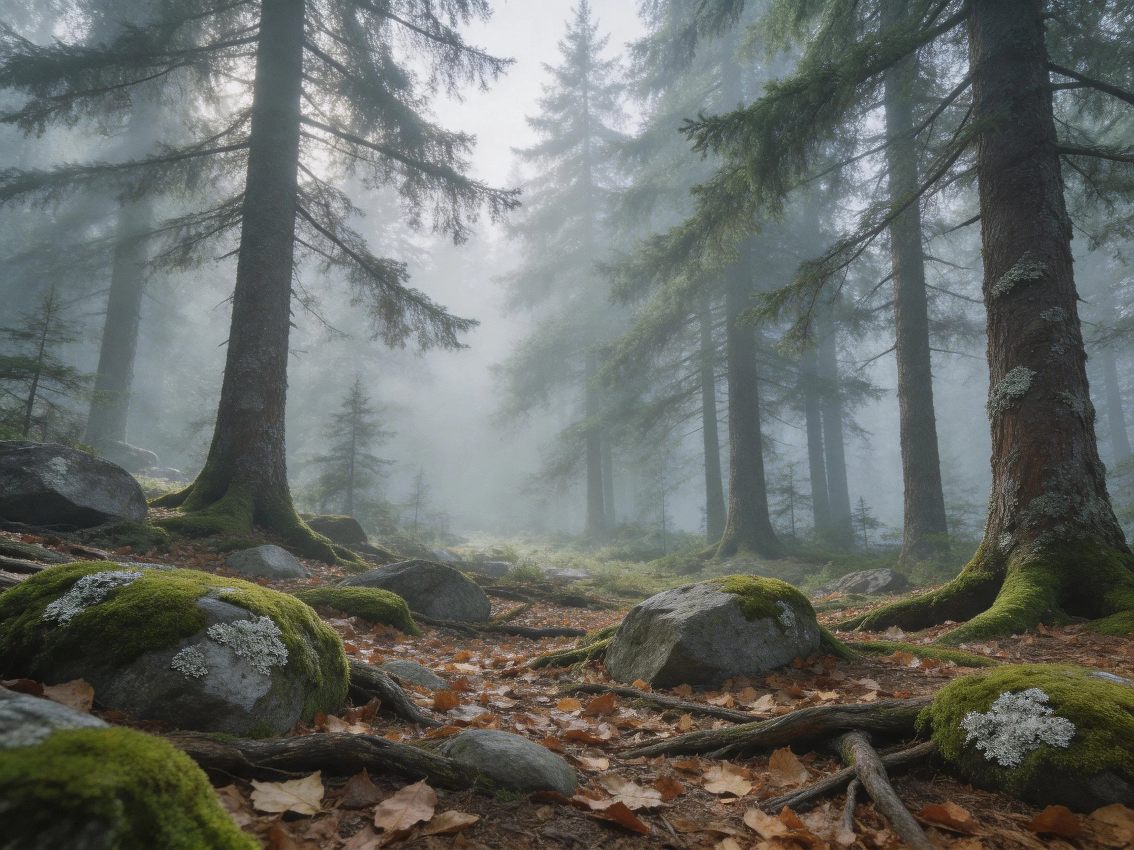 Foggy Forest with Moss-Covered Rocks and Tall Evergreens