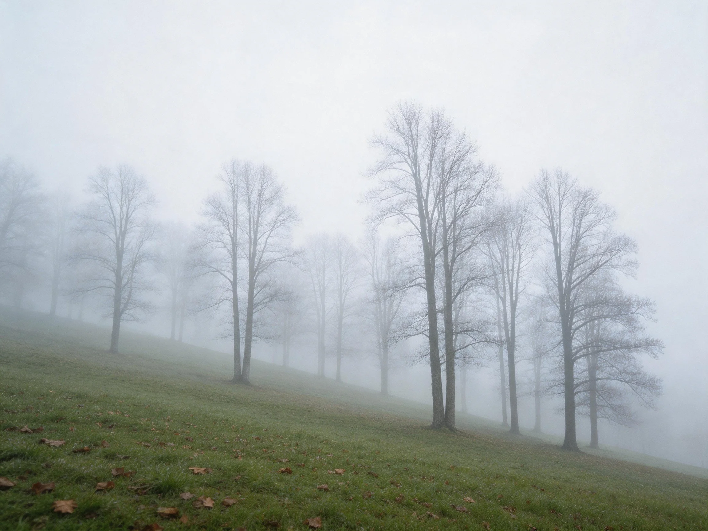 Foggy Hillside with Leafless Trees and Dense Mist