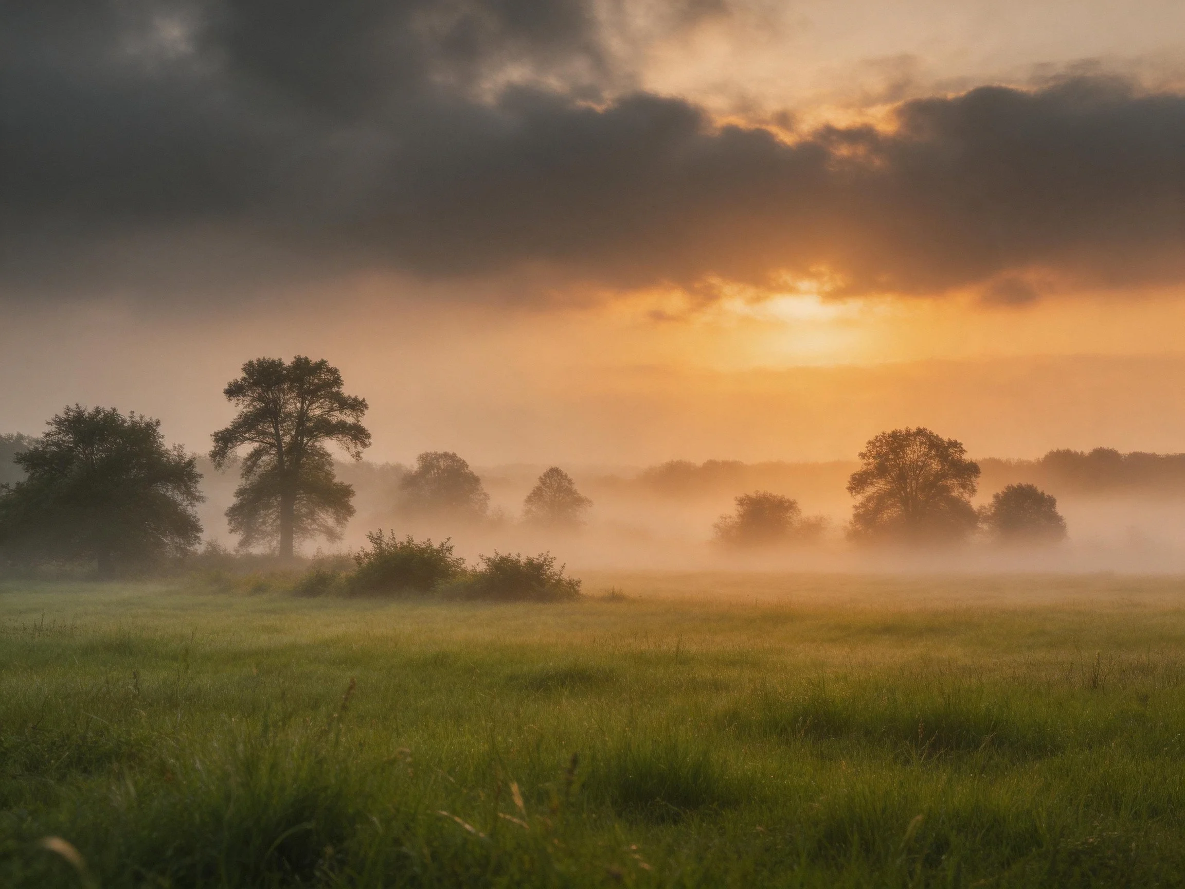 Foggy Meadow at Sunrise with Silhouetted Trees