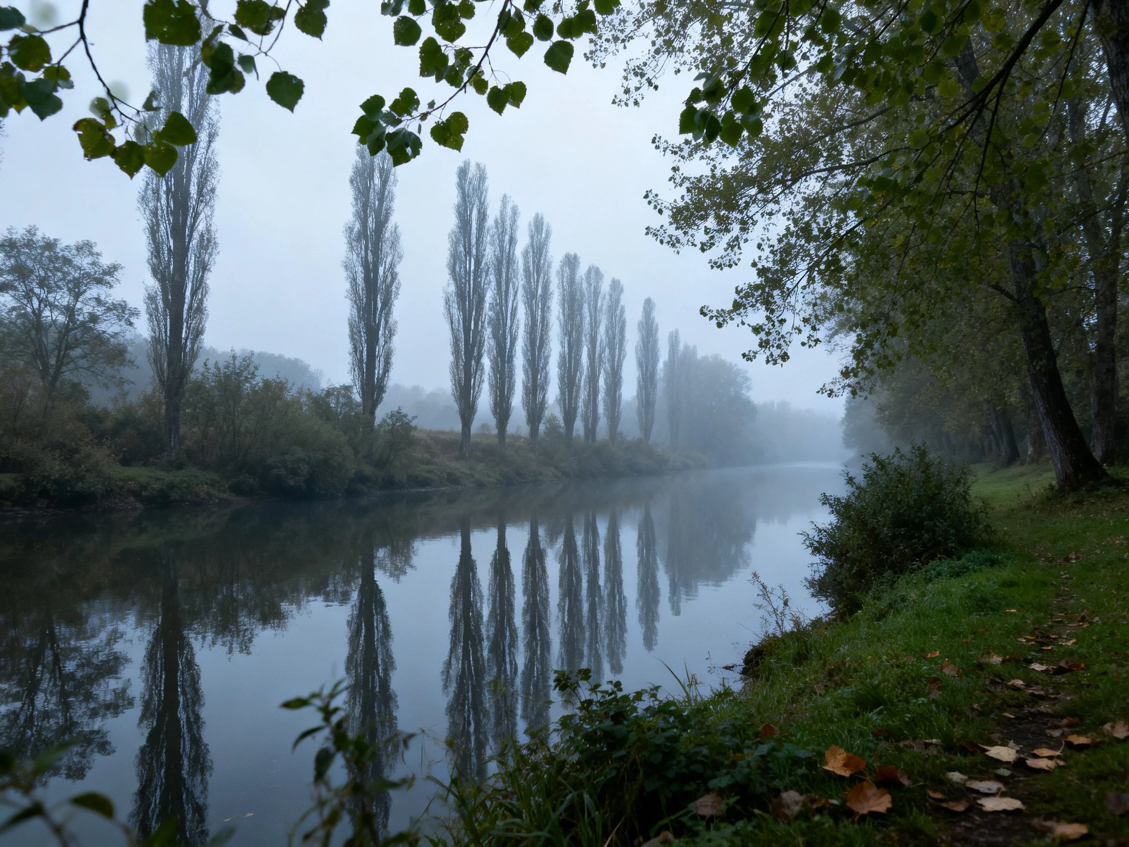 Foggy Morning by a Calm River with Tall Trees