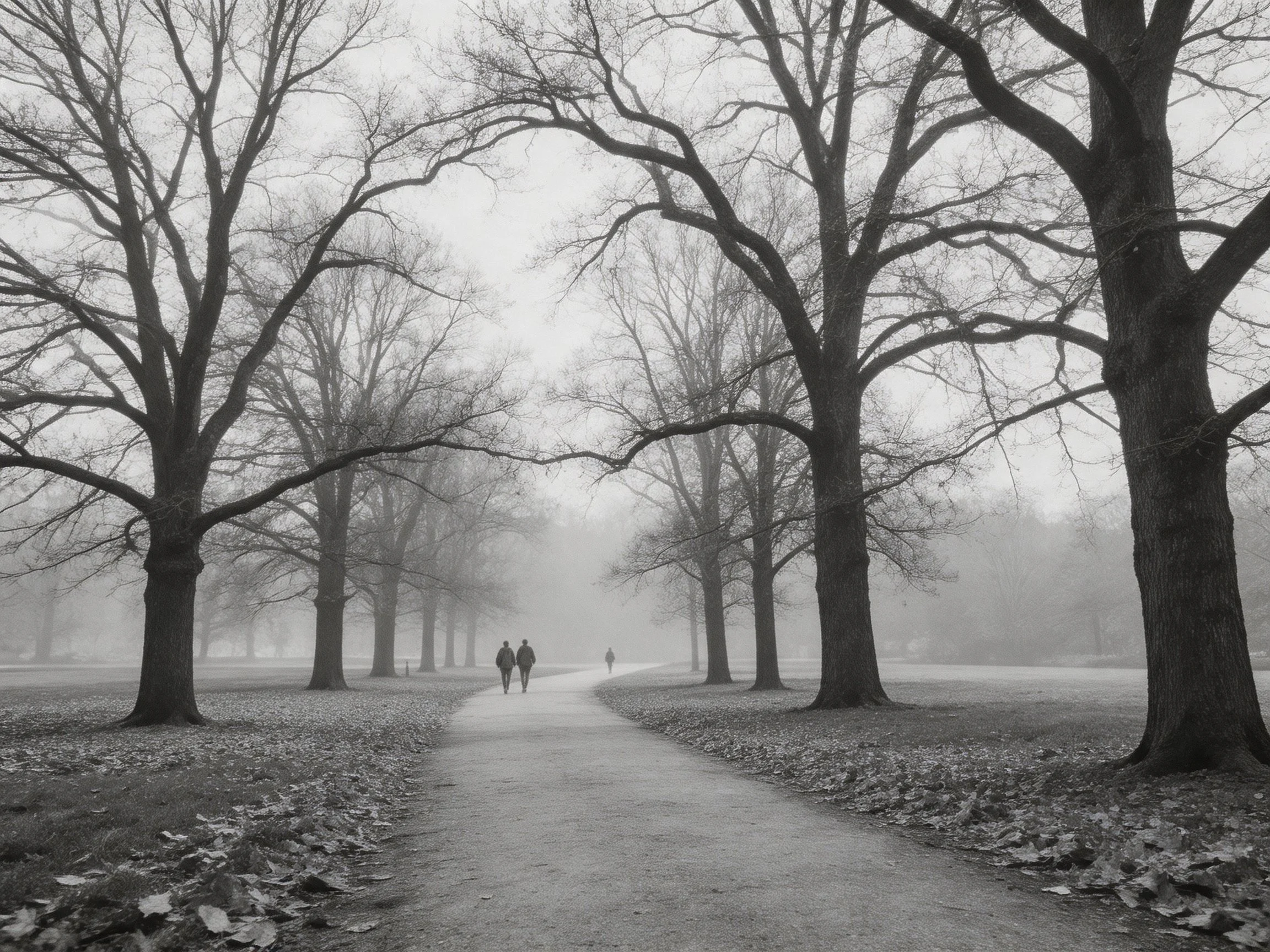 Foggy Park Path With Leafless Trees and Walkers