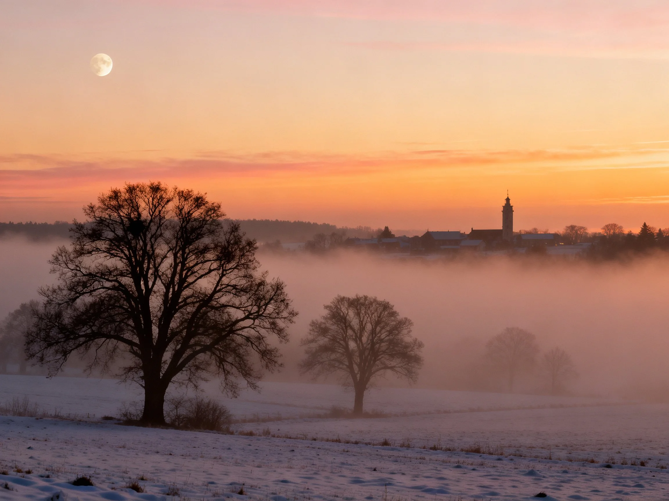 Foggy Winter Dawn with Snow-Covered Fields and Silhouetted Trees