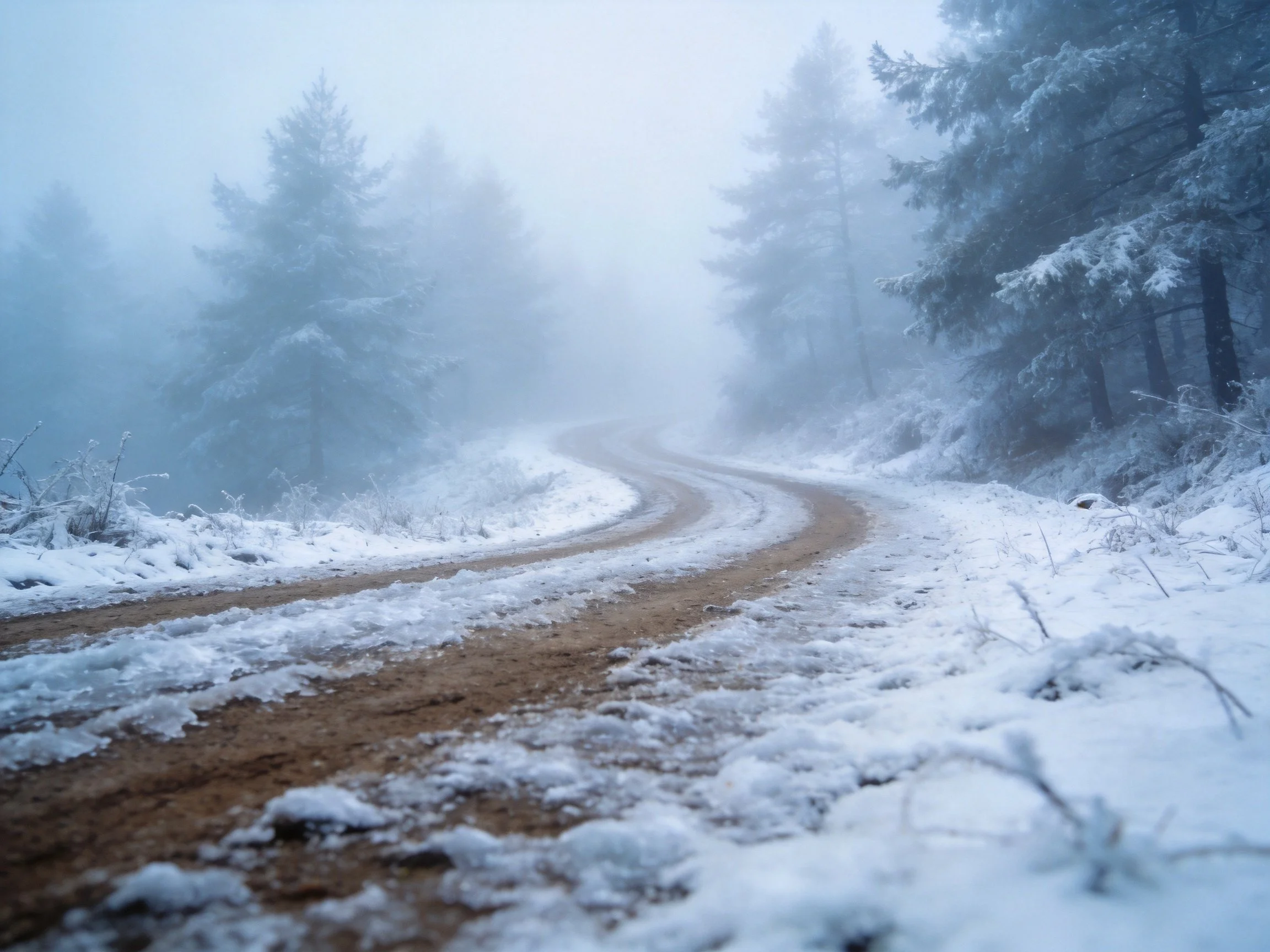 Foggy Winter Forest Road With Snow-Lined Dirt Path