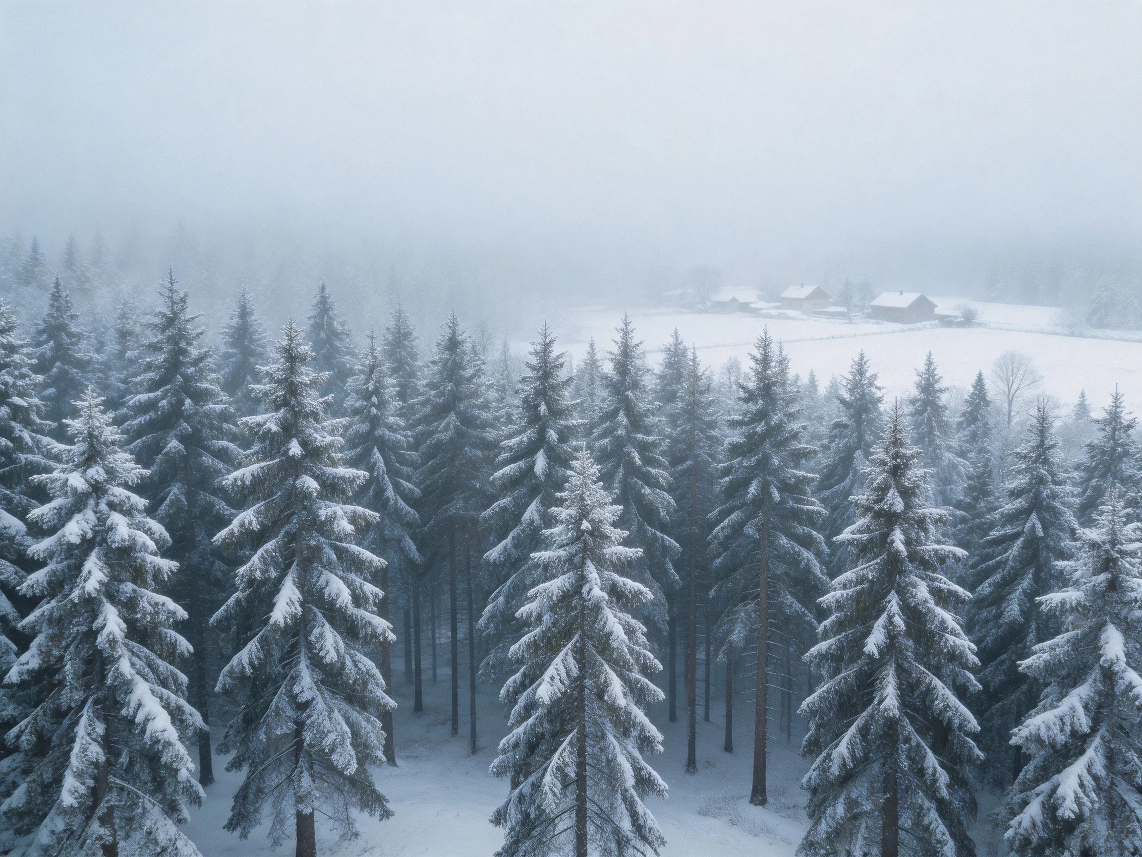 Foggy Winter Landscape with Snow-Covered Pine Trees