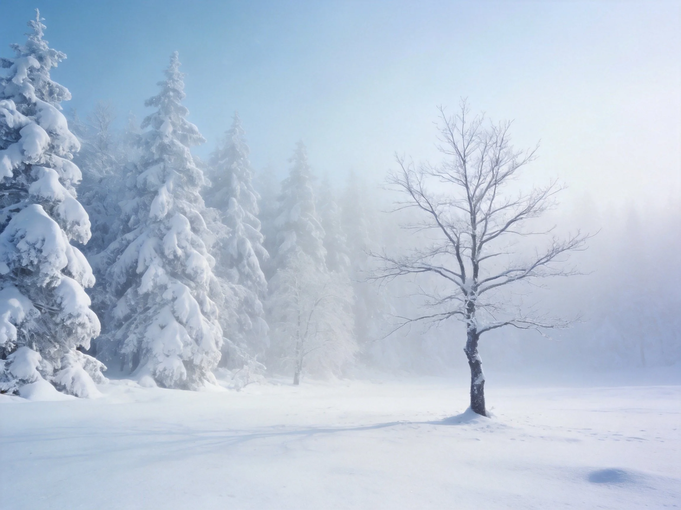 Foggy Winter Scene with Snow-Laden Pines and a Bare Tree