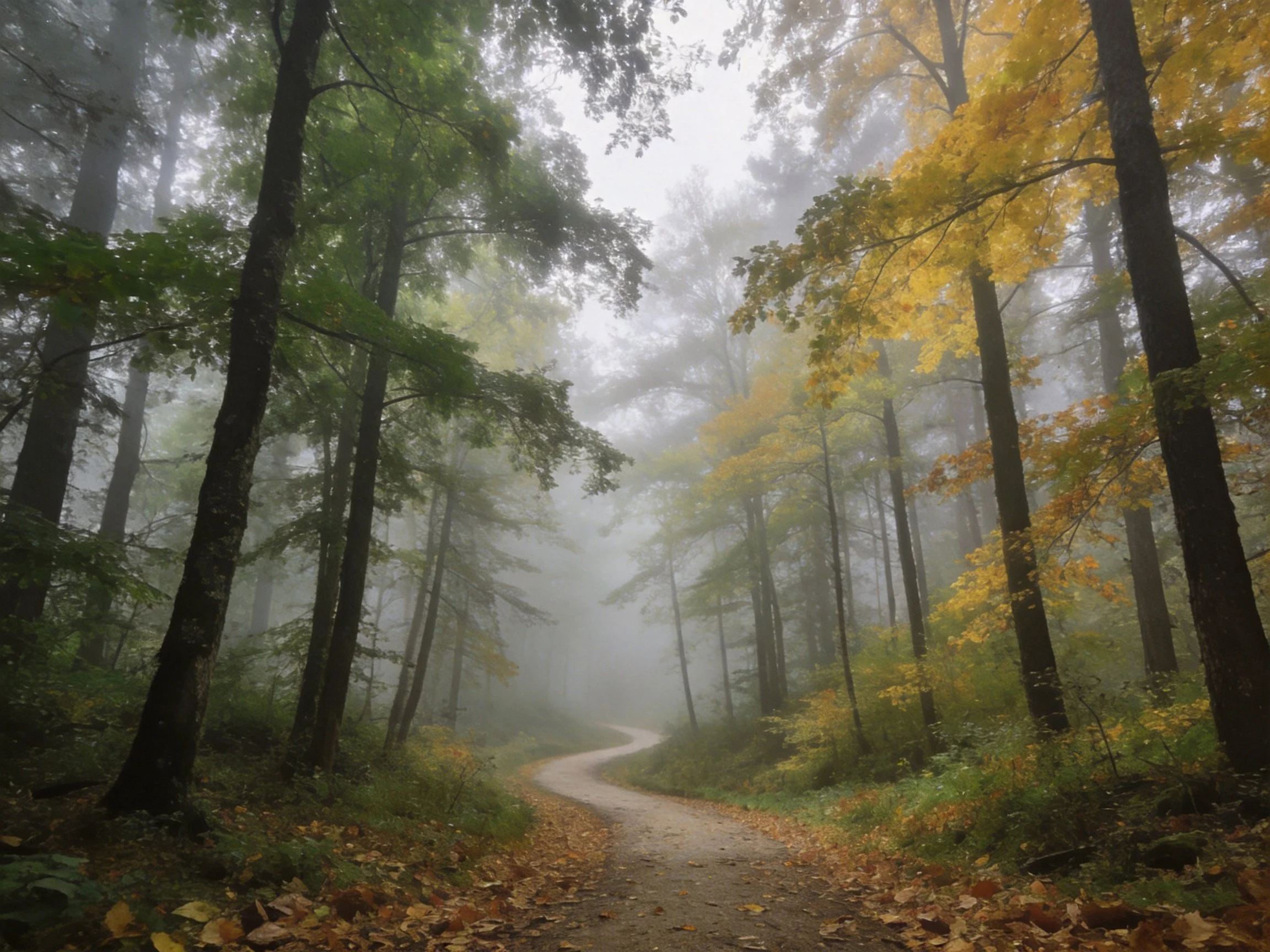 Foggy autumn forest with winding dirt path and tall trees