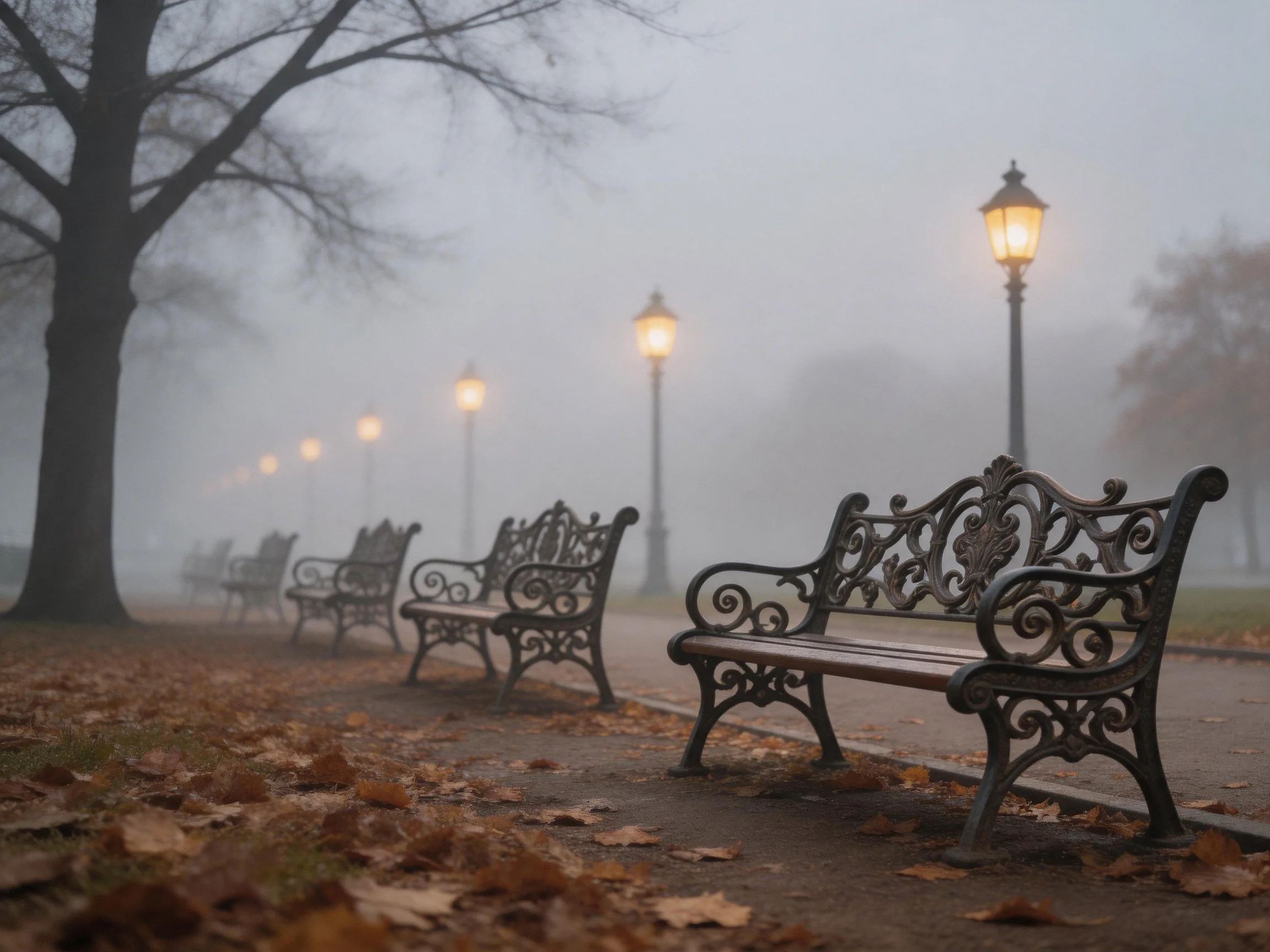 Foggy autumn park with ornate benches and illuminated street lamps