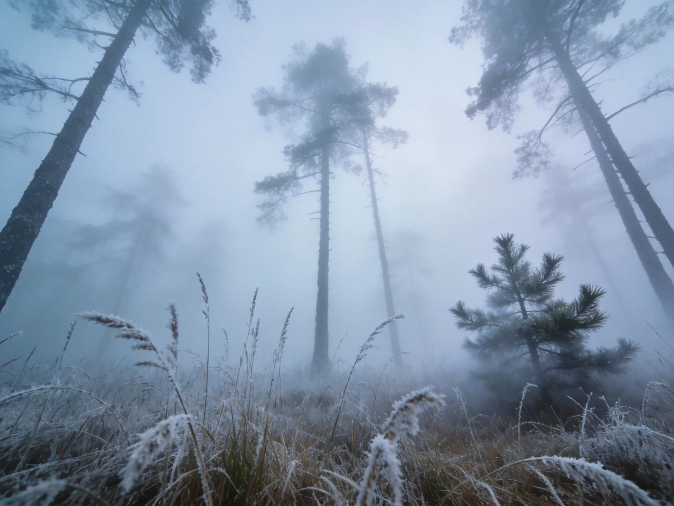 Foggy forest with frost-covered grass and tall pine trees