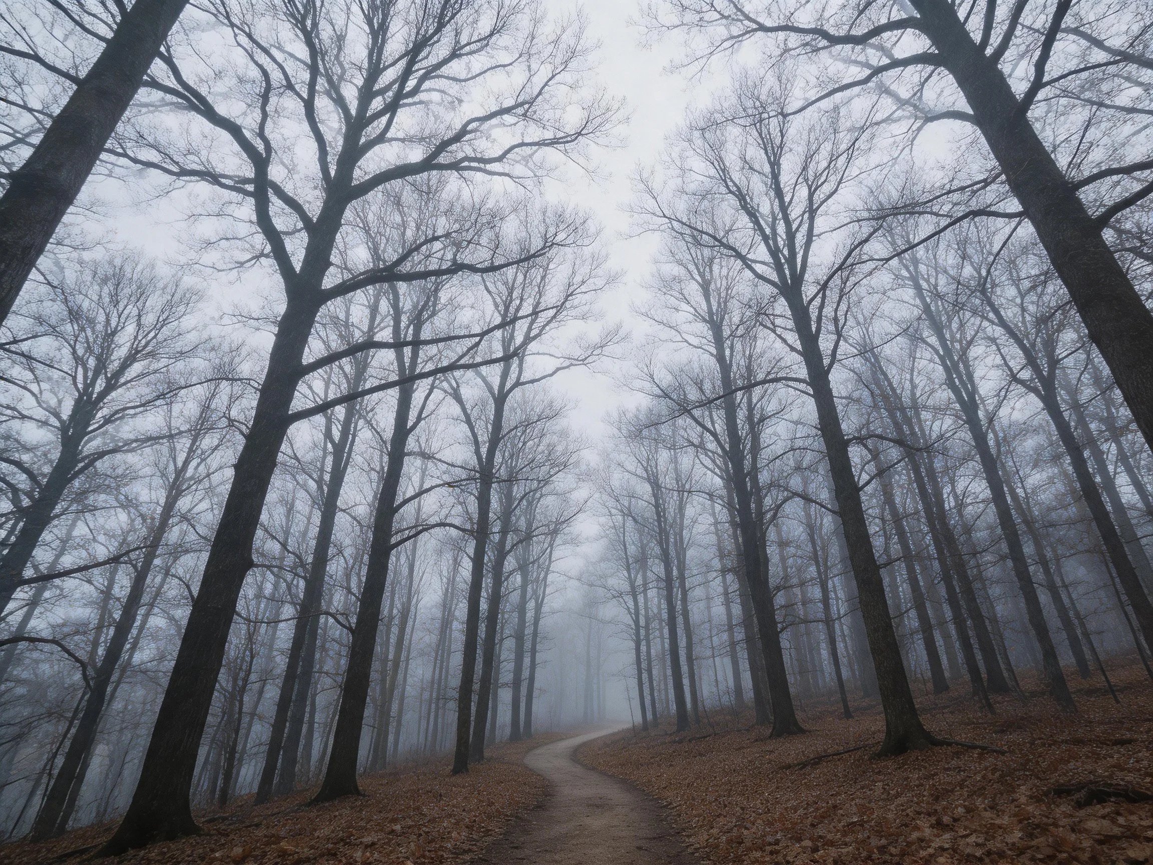 Foggy forest with tall bare trees and winding path