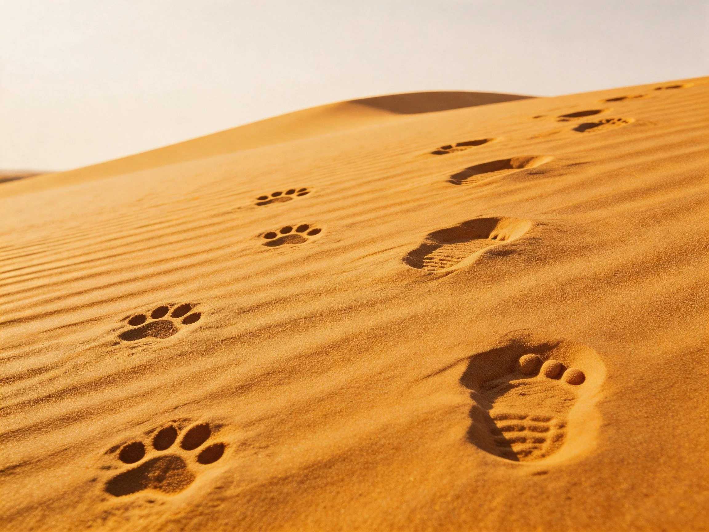 Footprints and paw prints on golden desert sand dunes
