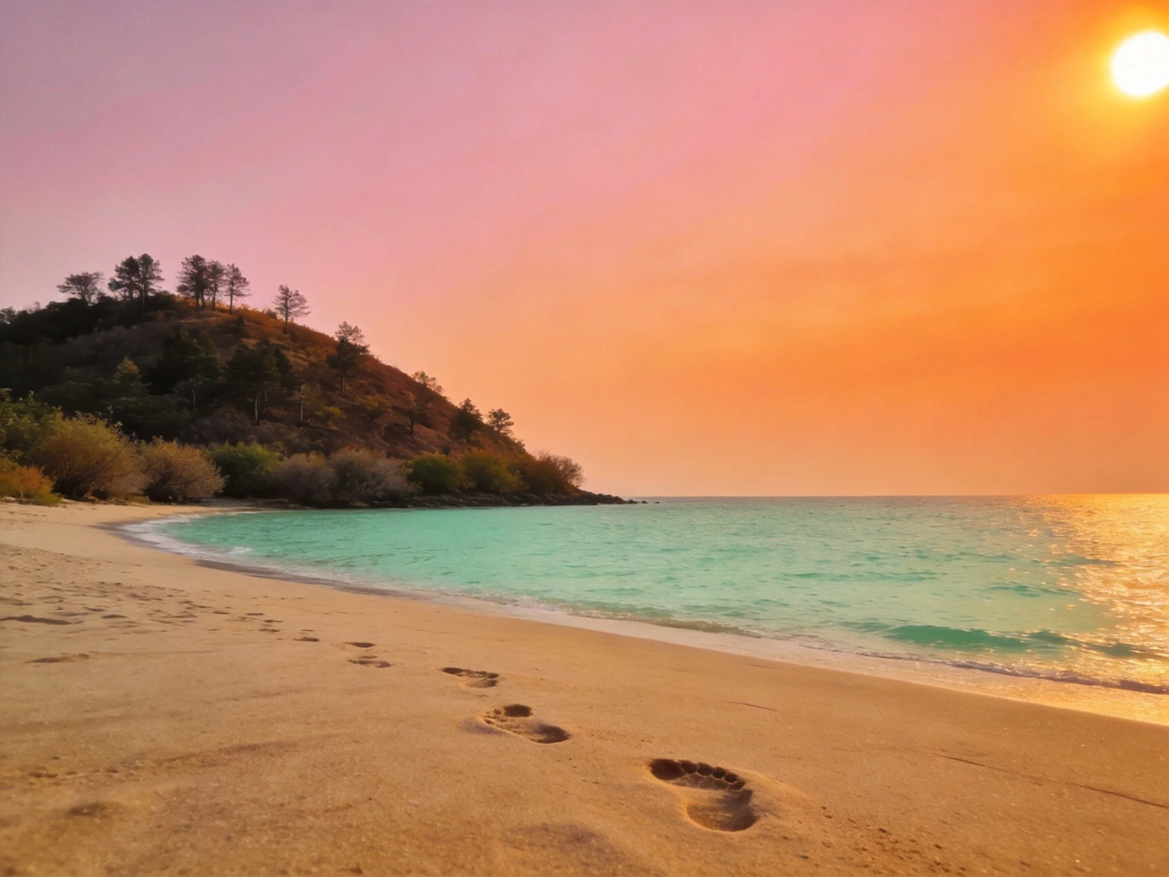 Footprints lead along a sandy beach with turquoise waters and an orange-pink sunset