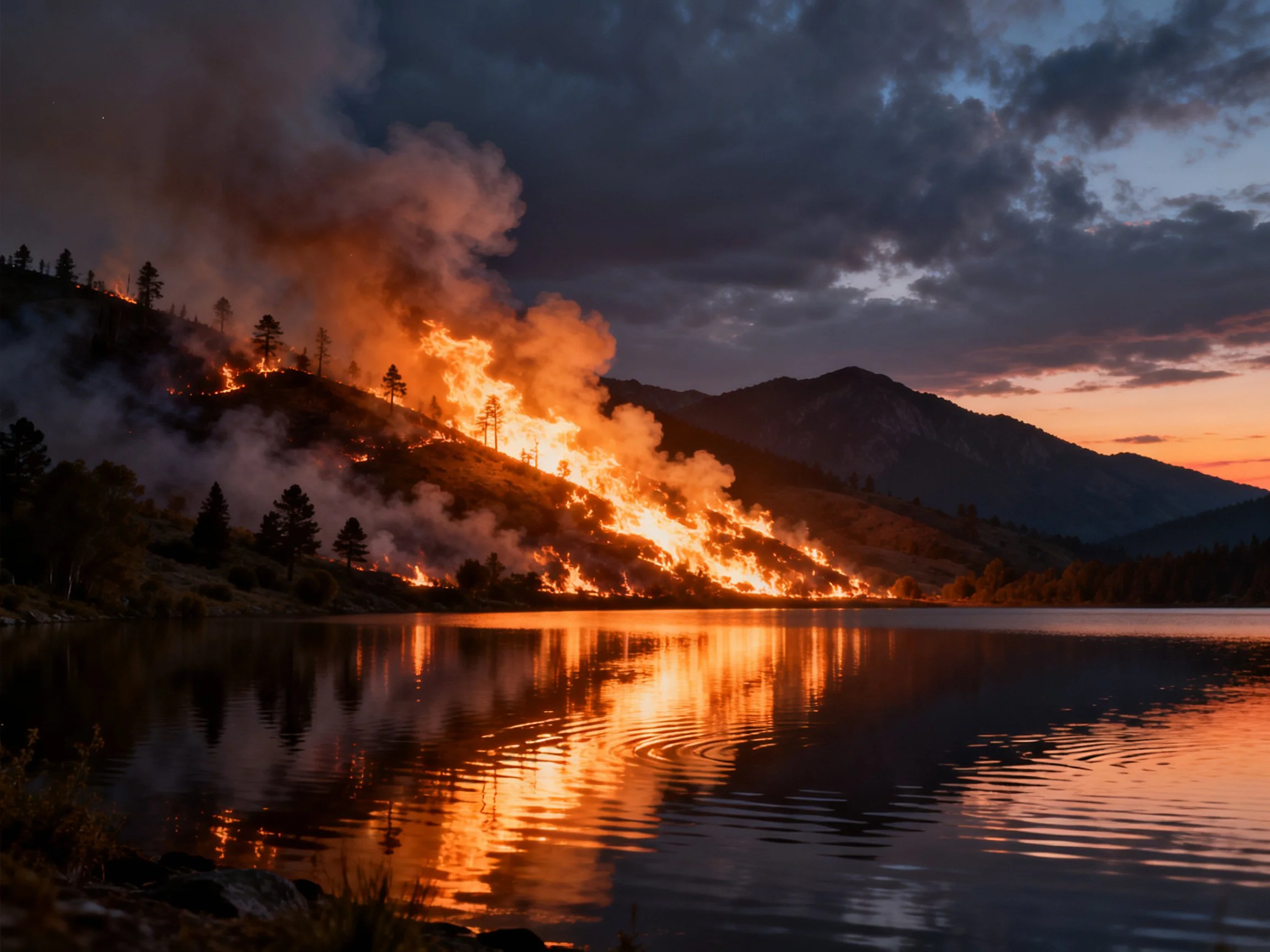 Forest Fire Burning Along Mountain Slope Near Lake at Dusk