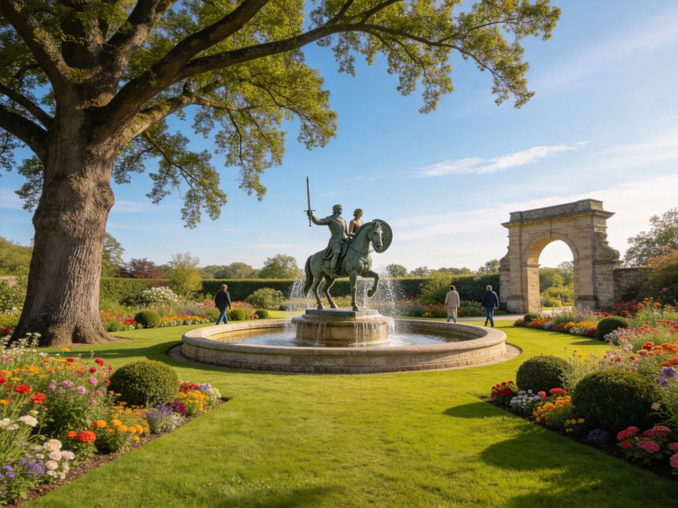 Formal garden with equestrian fountain centerpiece