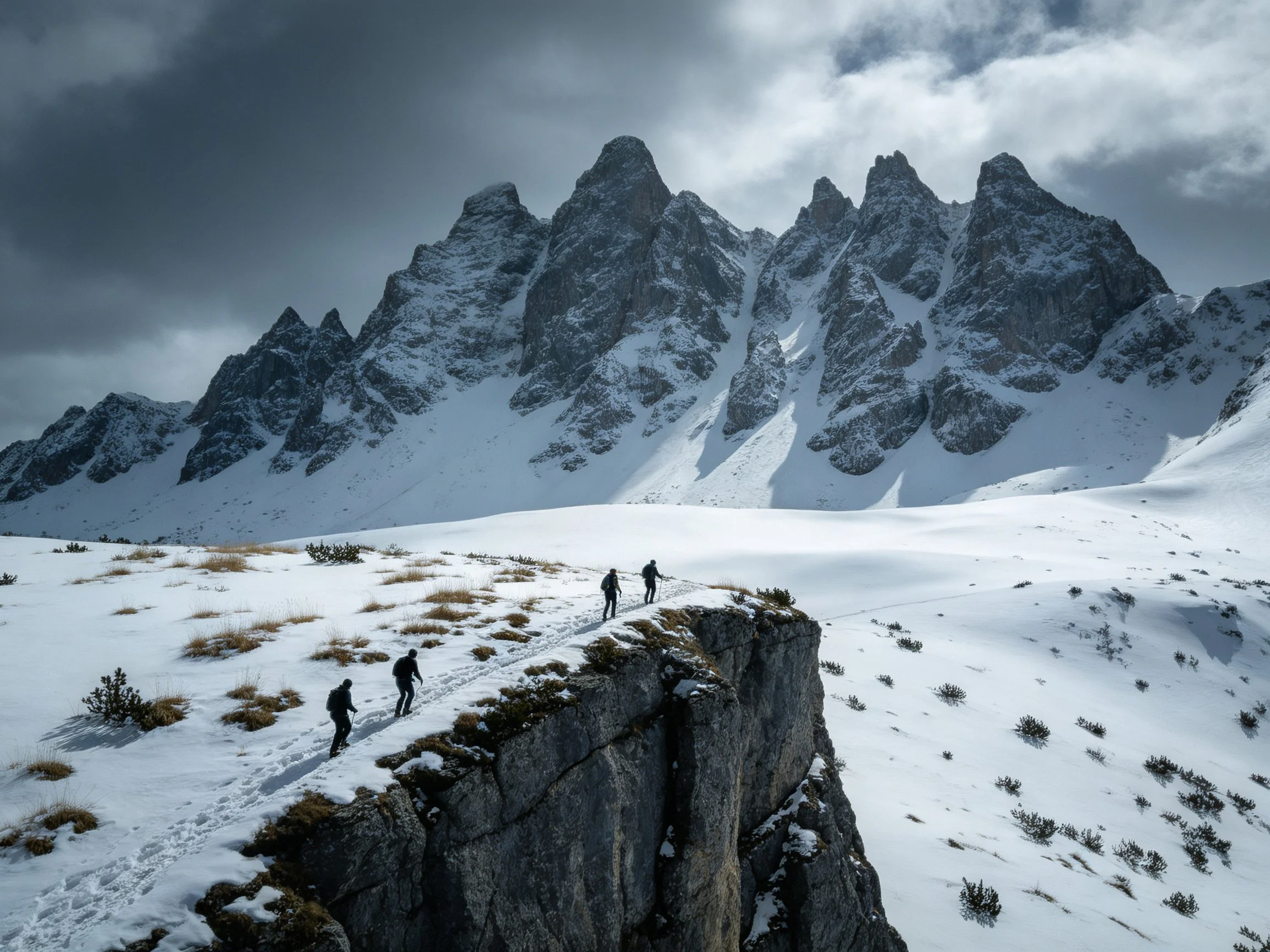 Four Hikers Walk Along Snow-Covered Cliff Near Jagged Mountain Peaks