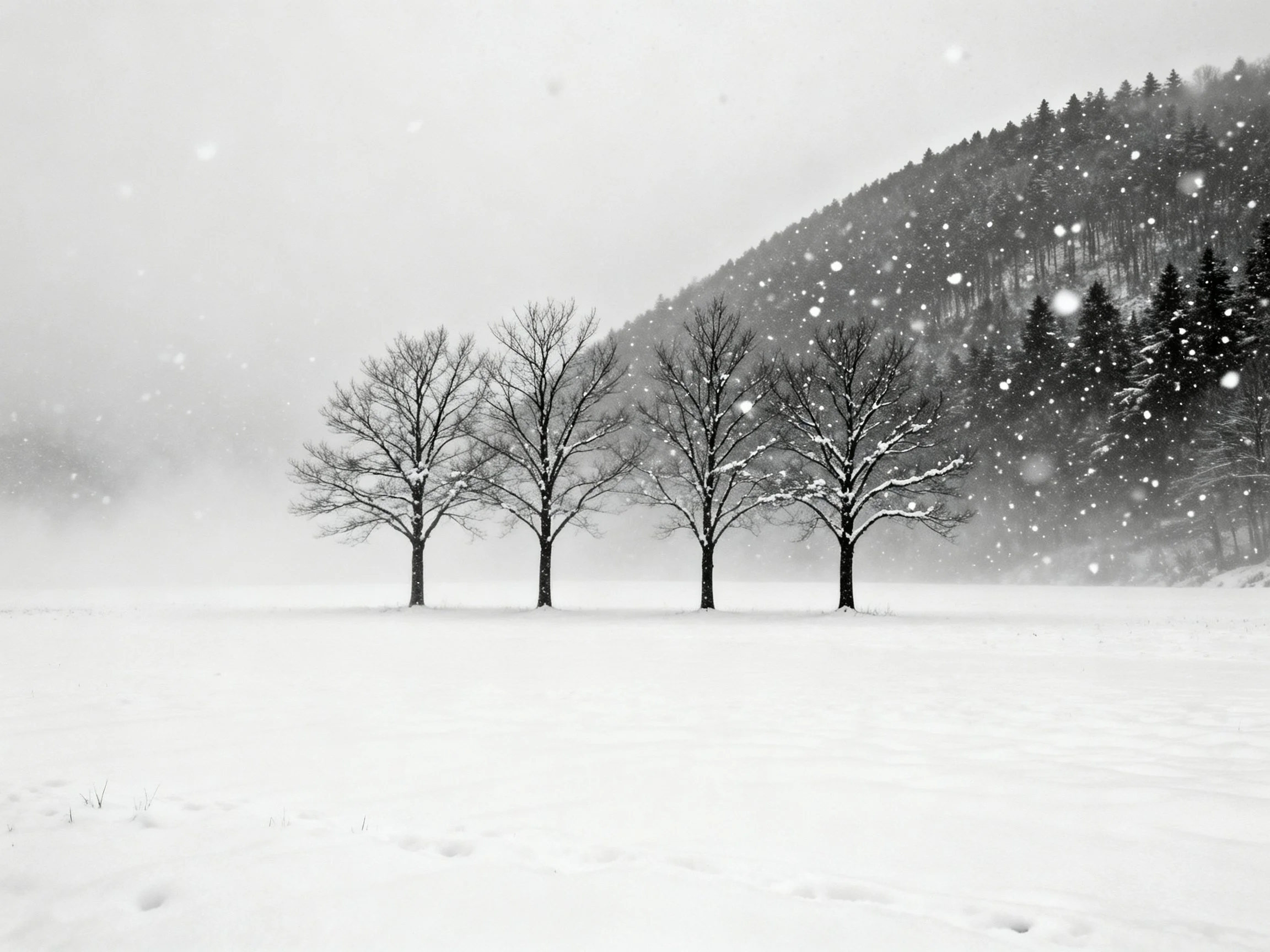Four bare trees stand in a snowy field amid heavy snowfall