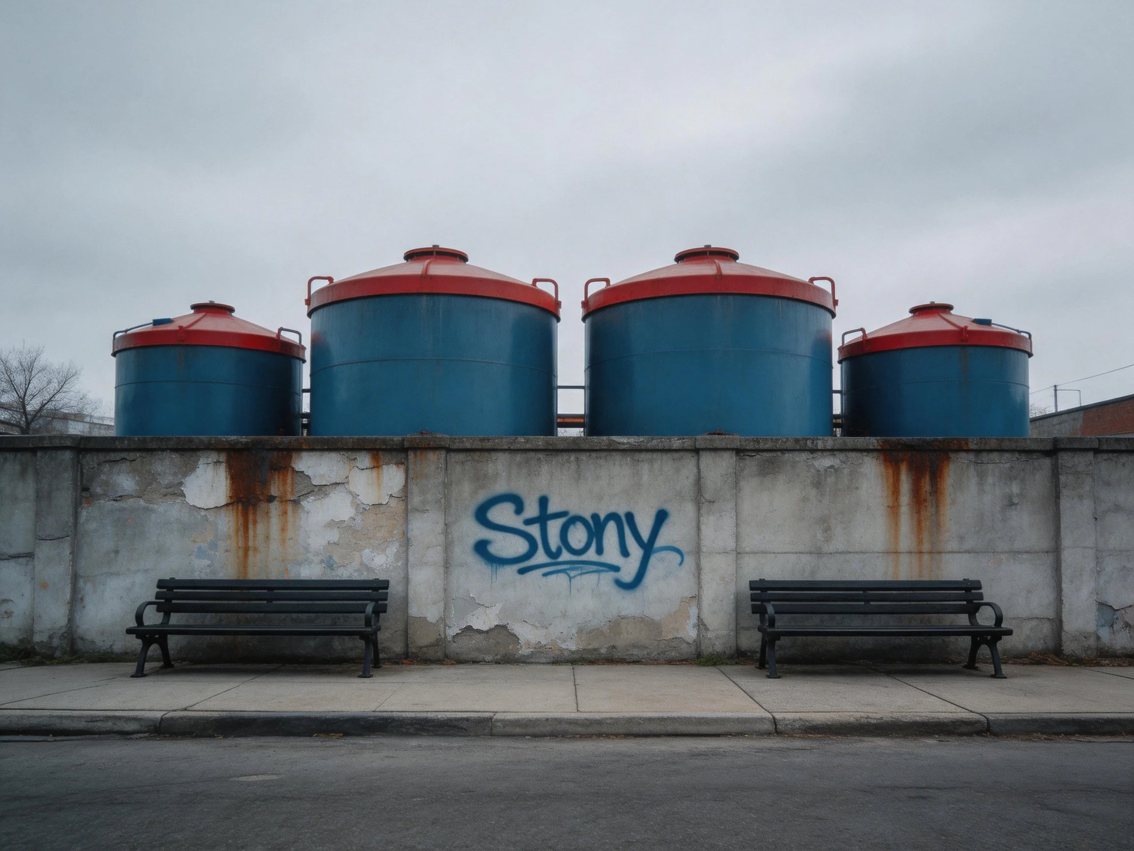 Four blue industrial tanks behind weathered concrete wall with graffiti