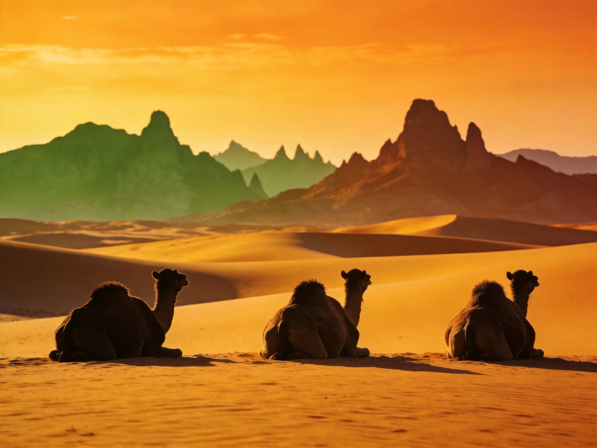 Four camels rest in golden sand dunes near jagged green-brown mountains