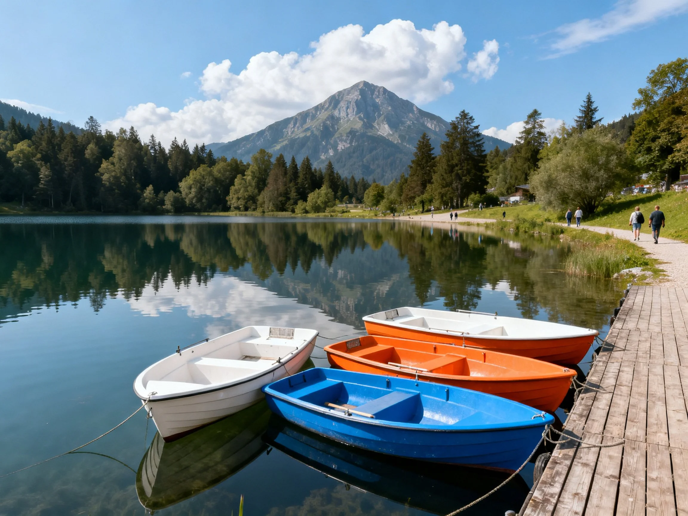 Four colored boats docked by a calm lake with mountain scenery