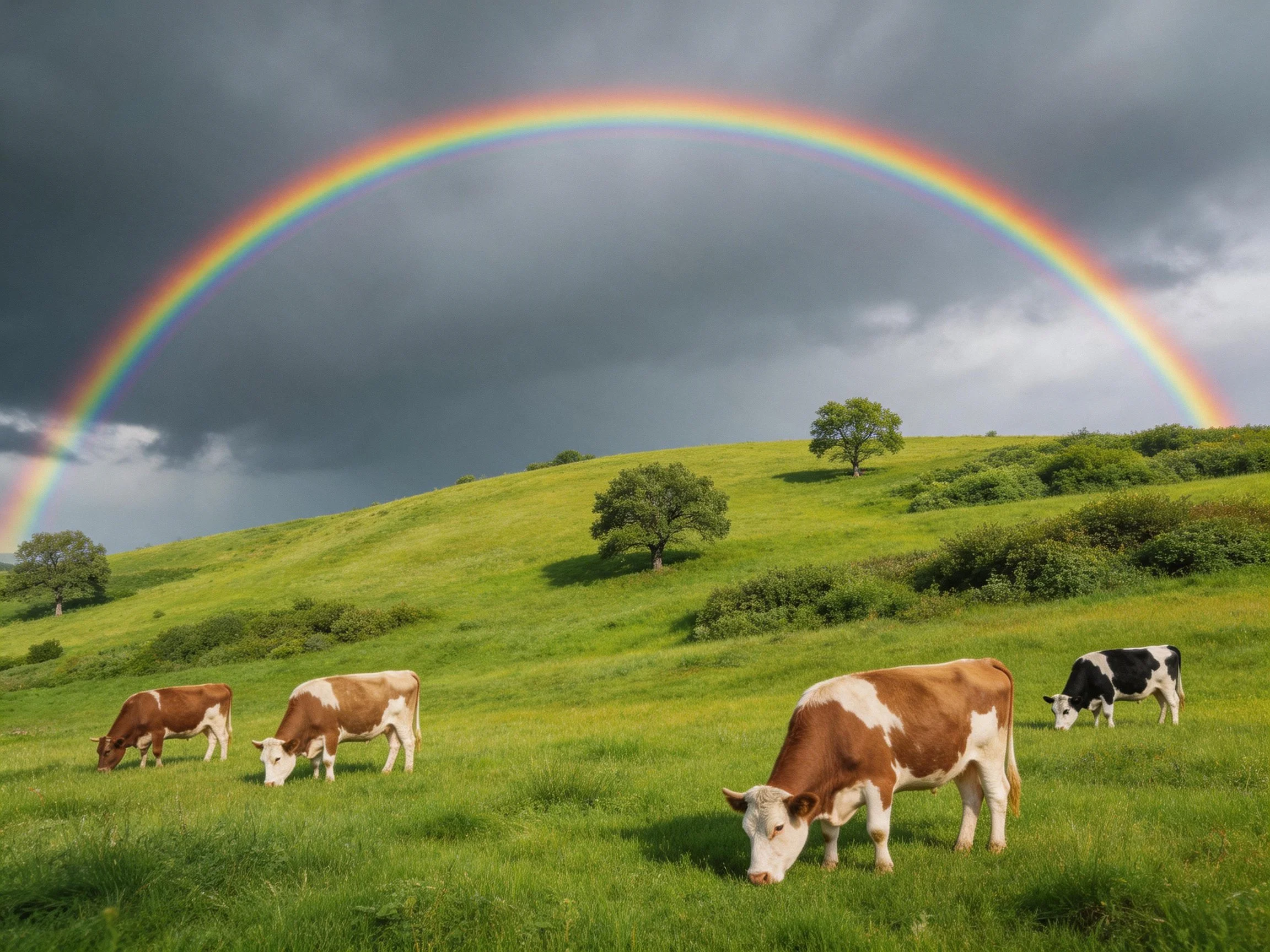Four cows graze in a lush meadow beneath a vibrant rainbow