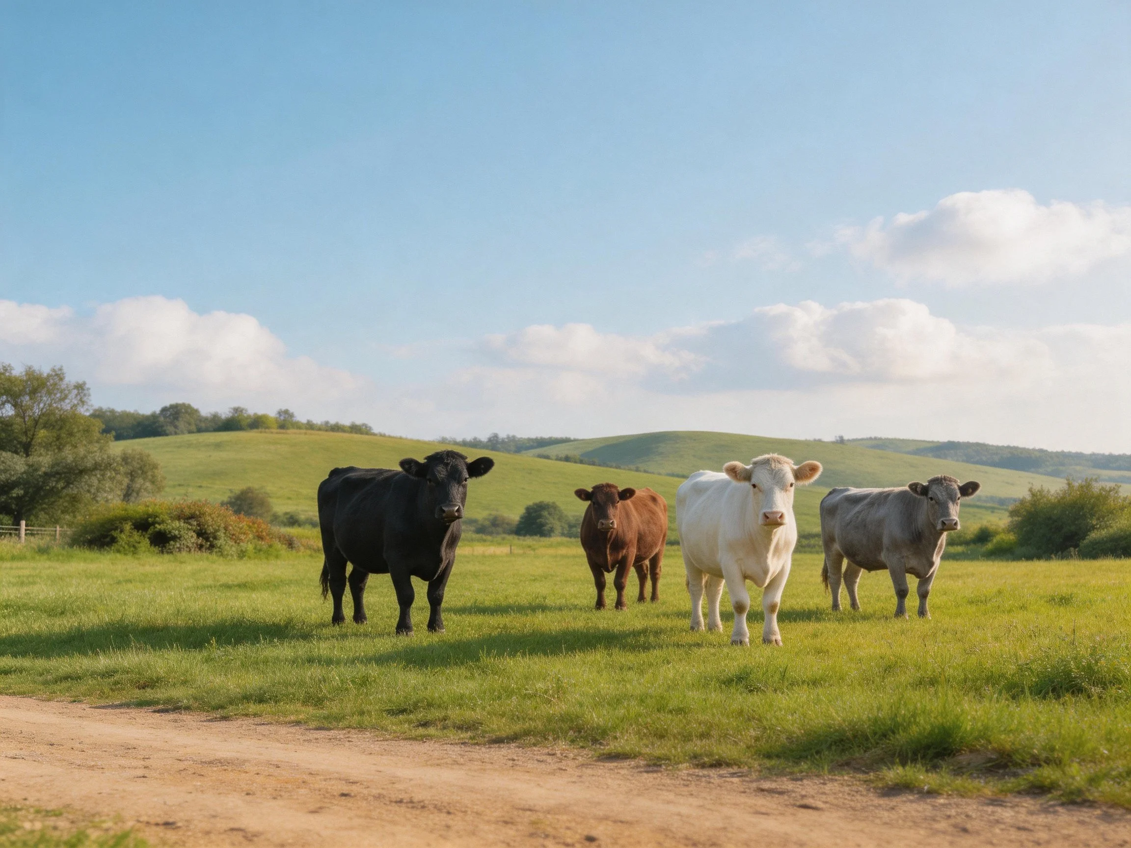 Four cows of black, brown, white, gray in a green pasture with hills
