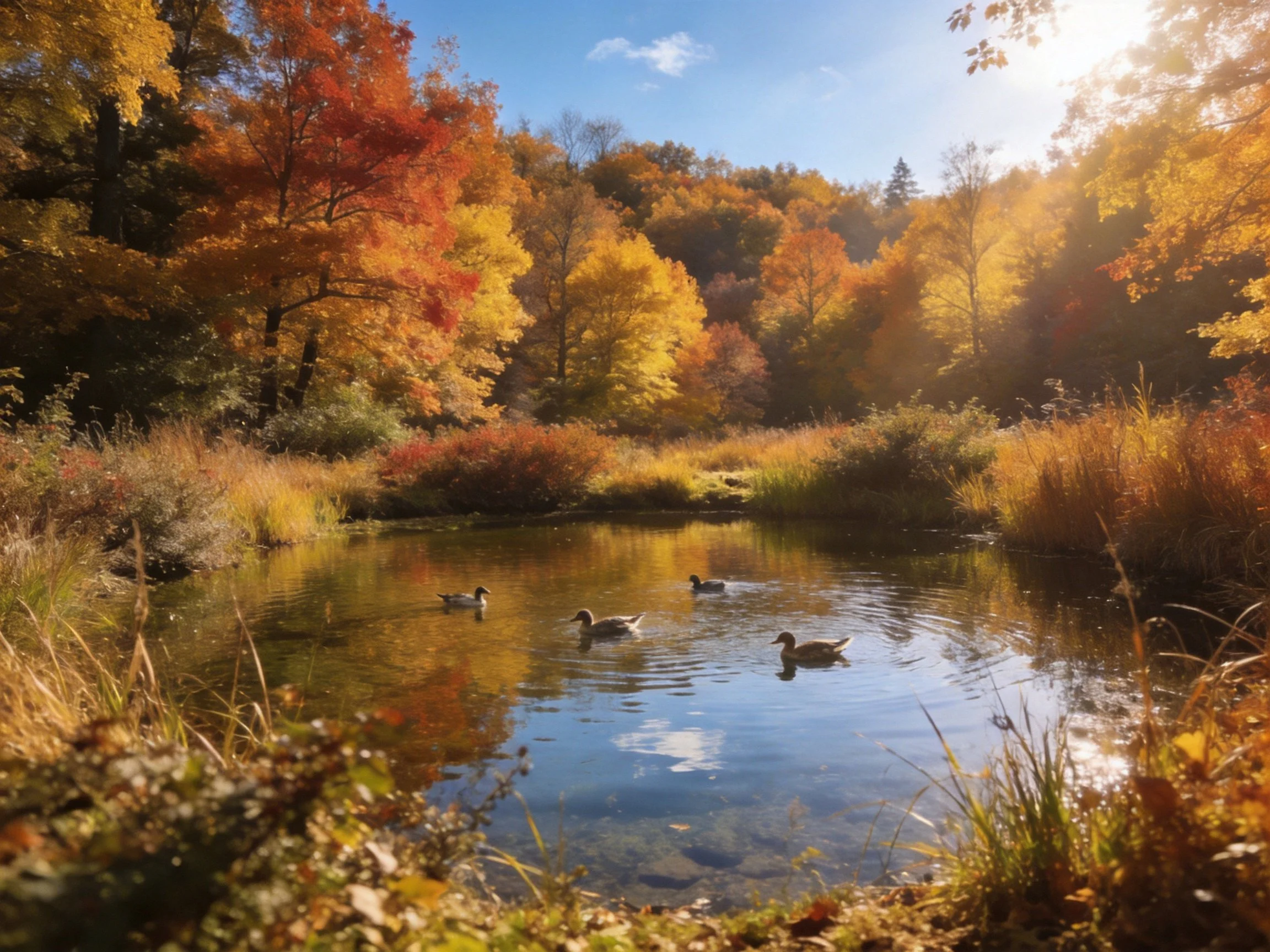 Four ducks swim in a clear pond amid vibrant autumn foliage