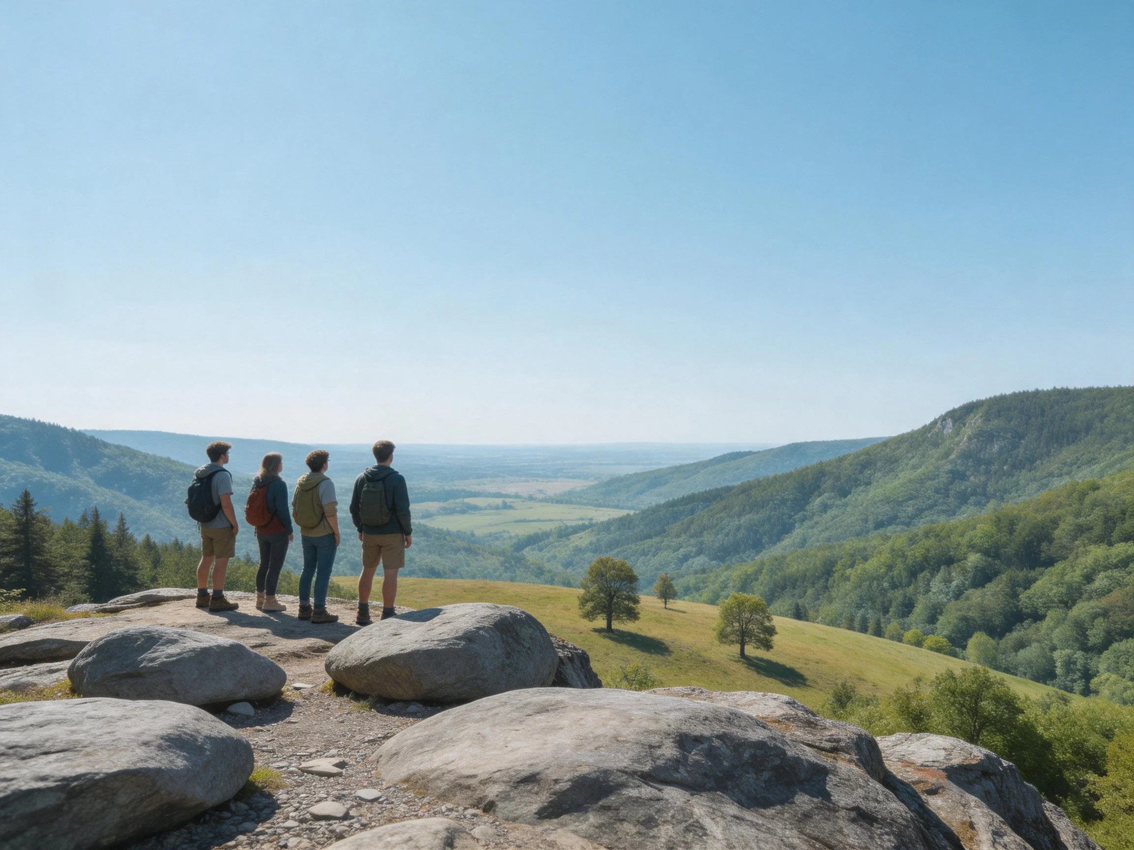 Four hikers stand atop large rocks overlooking a lush green valley
