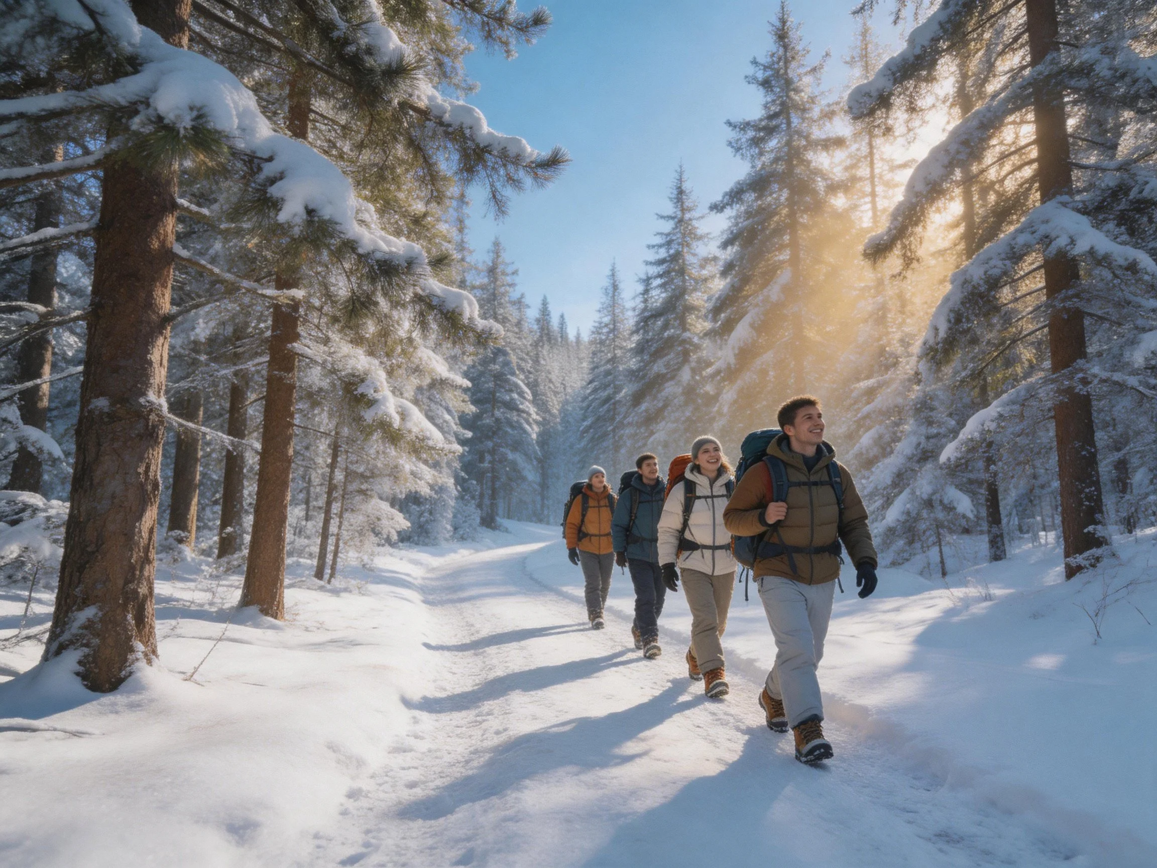 Four hikers trekking through a snow-covered pine forest