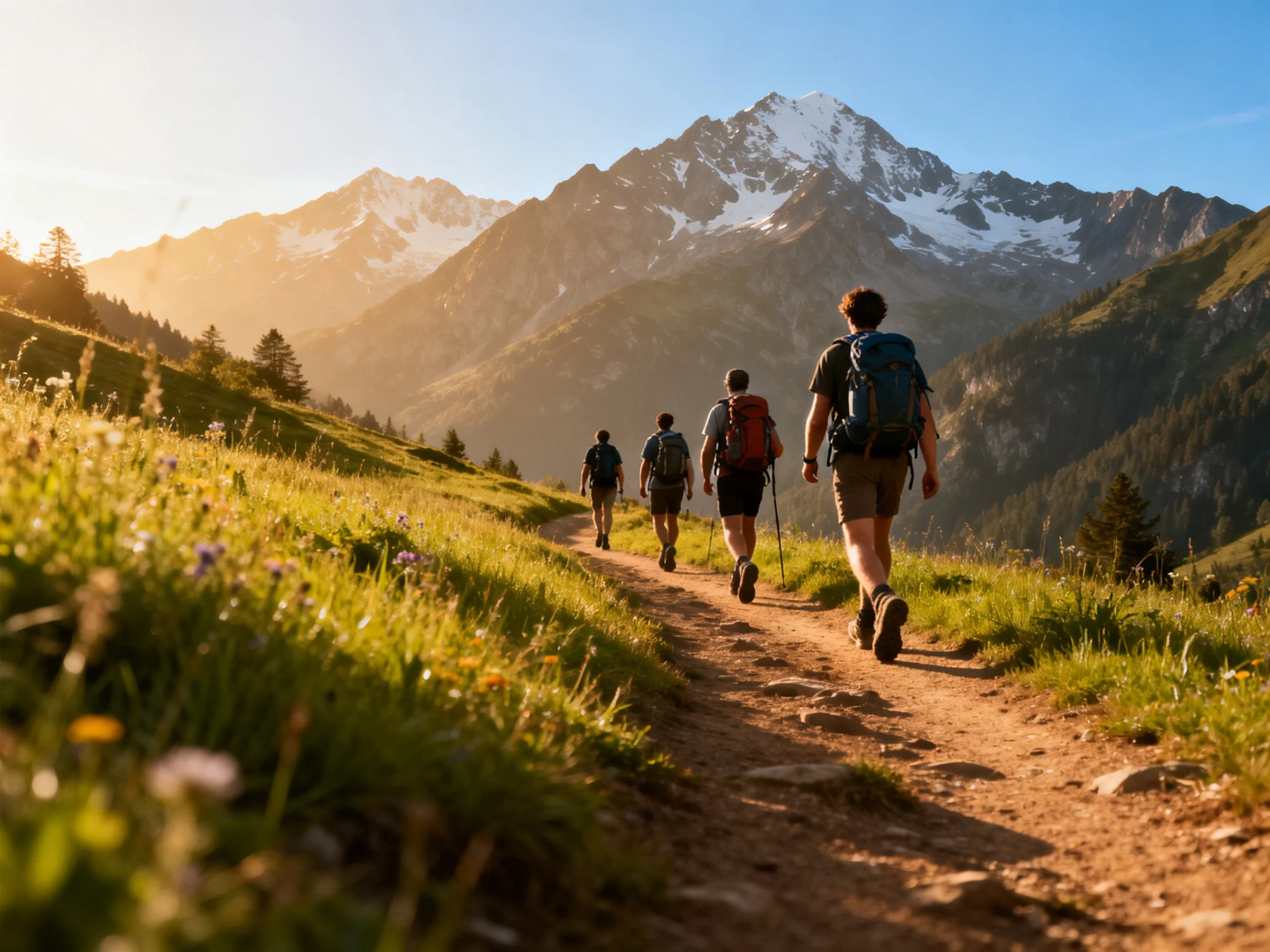 Four hikers walking a sunlit mountain trail with snow-capped peaks