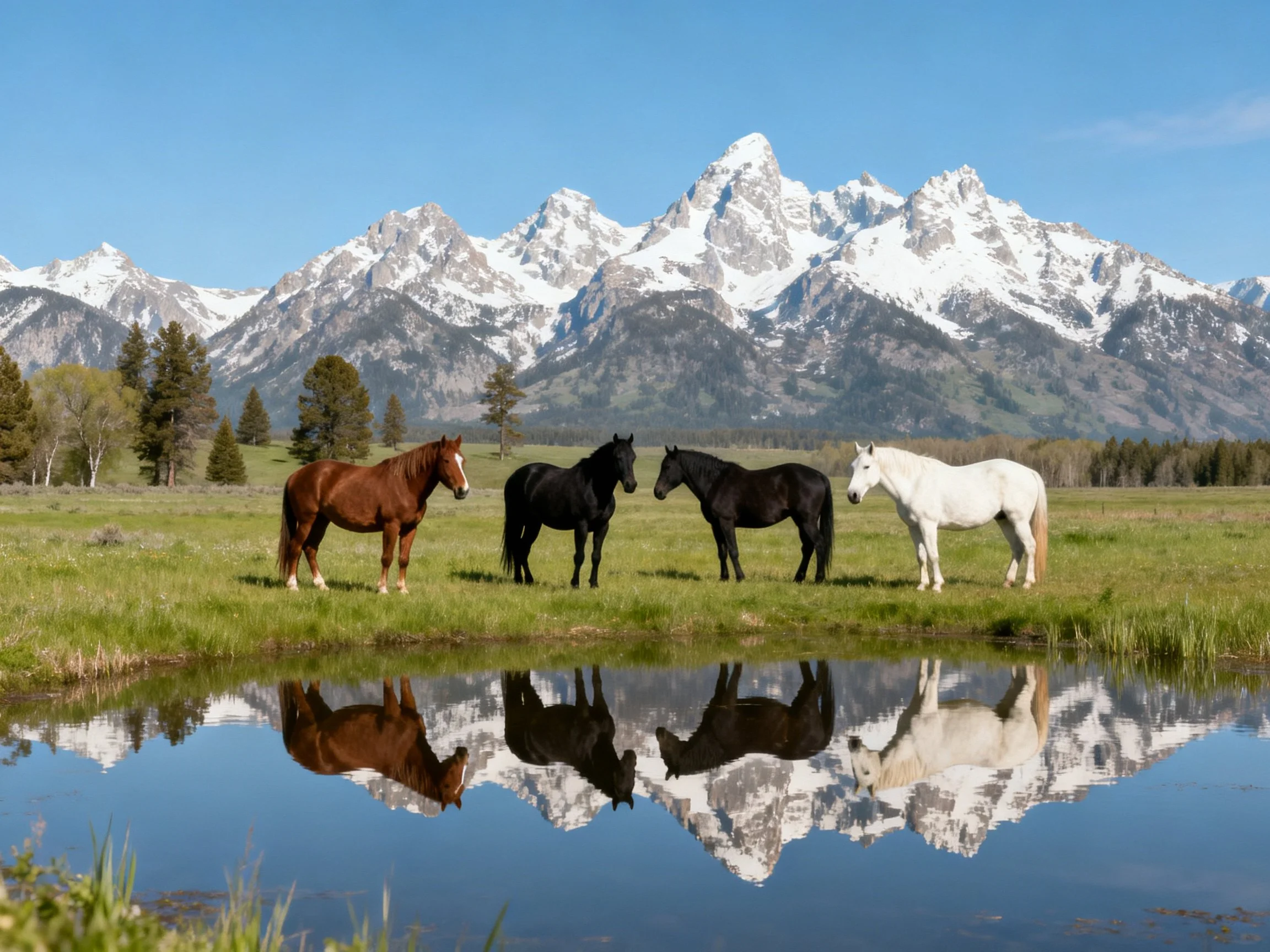 Four horses in brown, black, white near a pond with snow-capped mountains