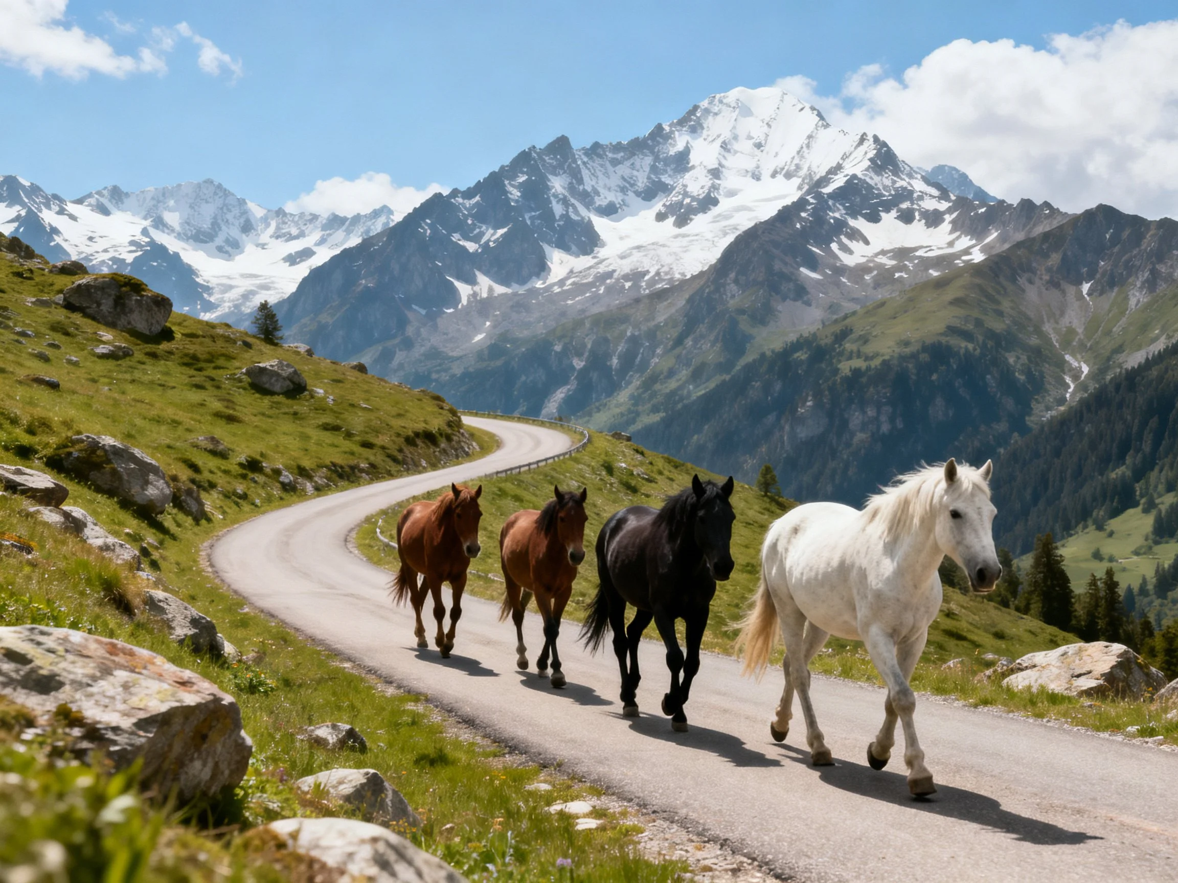 Four horses of brown, black, white colors trot along a winding mountain road