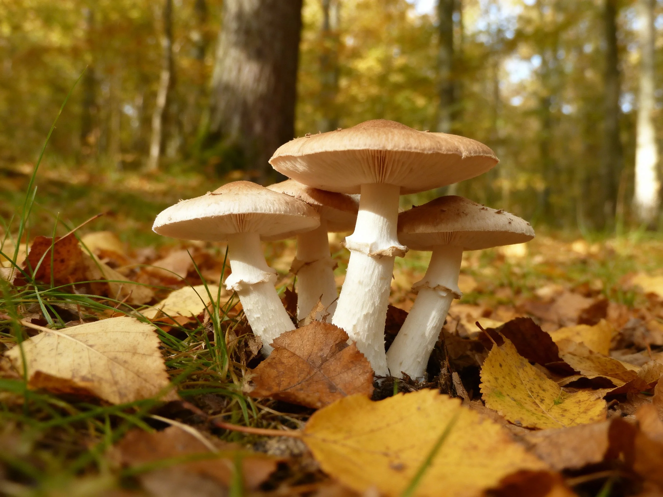 Four mushrooms with brown caps among fallen autumn leaves in a forest