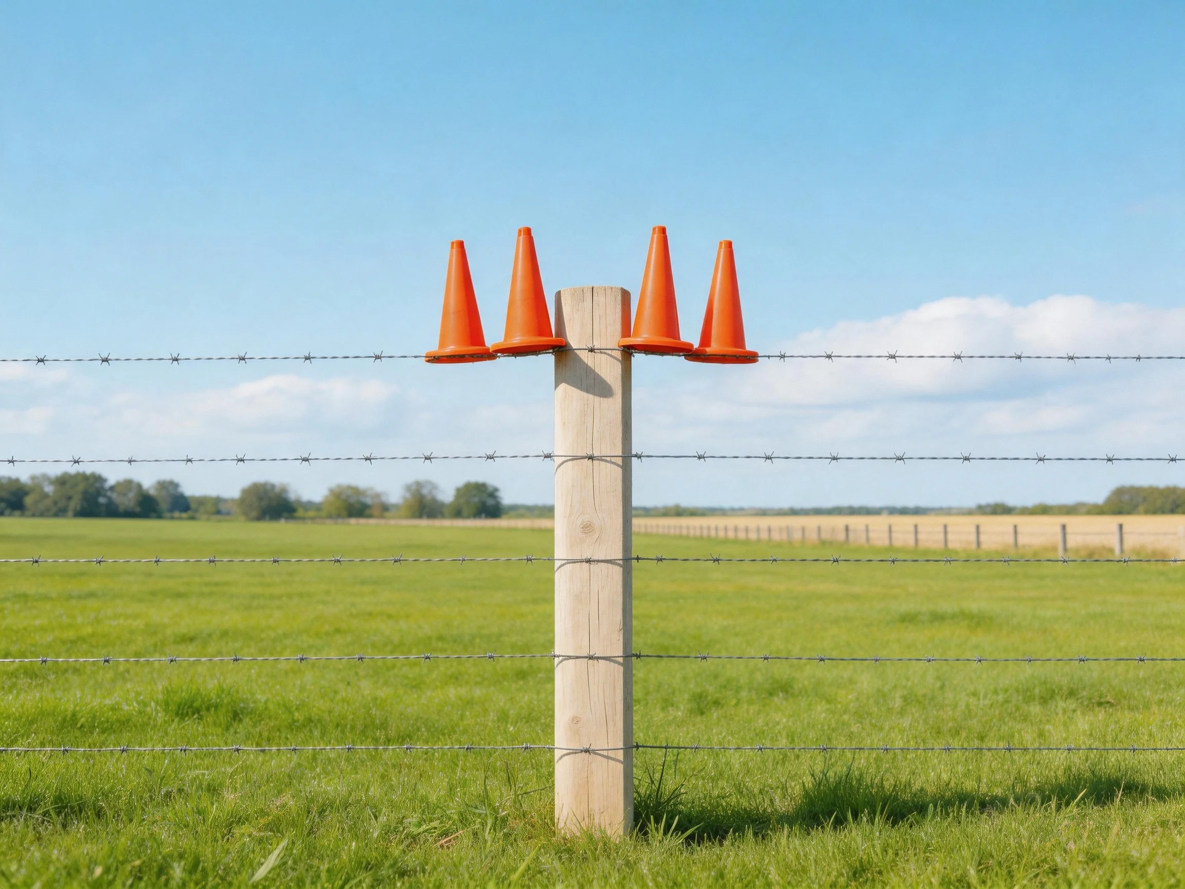Four orange traffic cones atop a wooden post near barbed wire fence