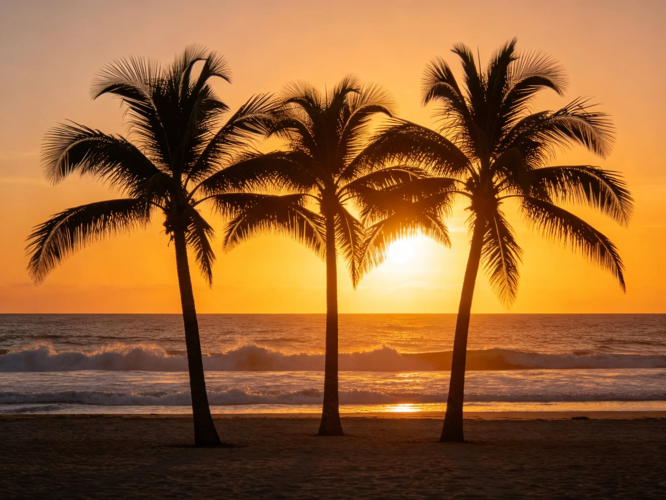 Four palm trees silhouetted against a vibrant orange tropical sunset by the ocean