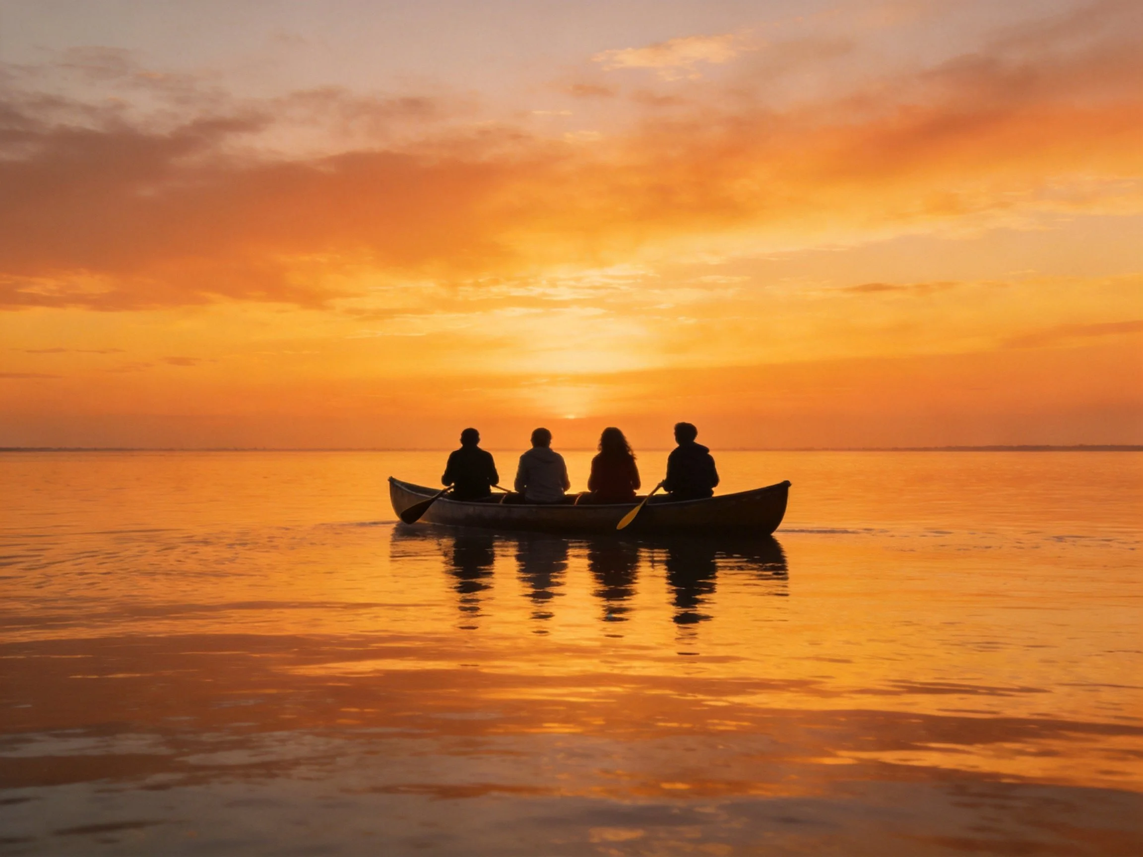 Four people canoeing on calm water during a vivid orange sunset