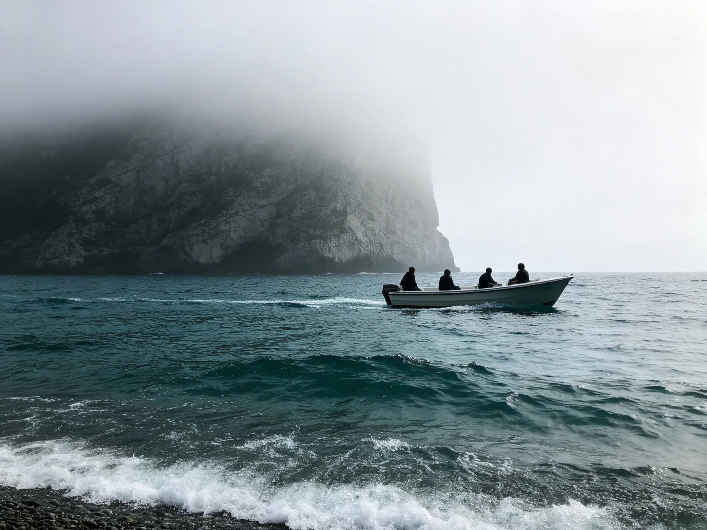 Four people ride a small motorboat near misty rocky cliffs over turquoise water