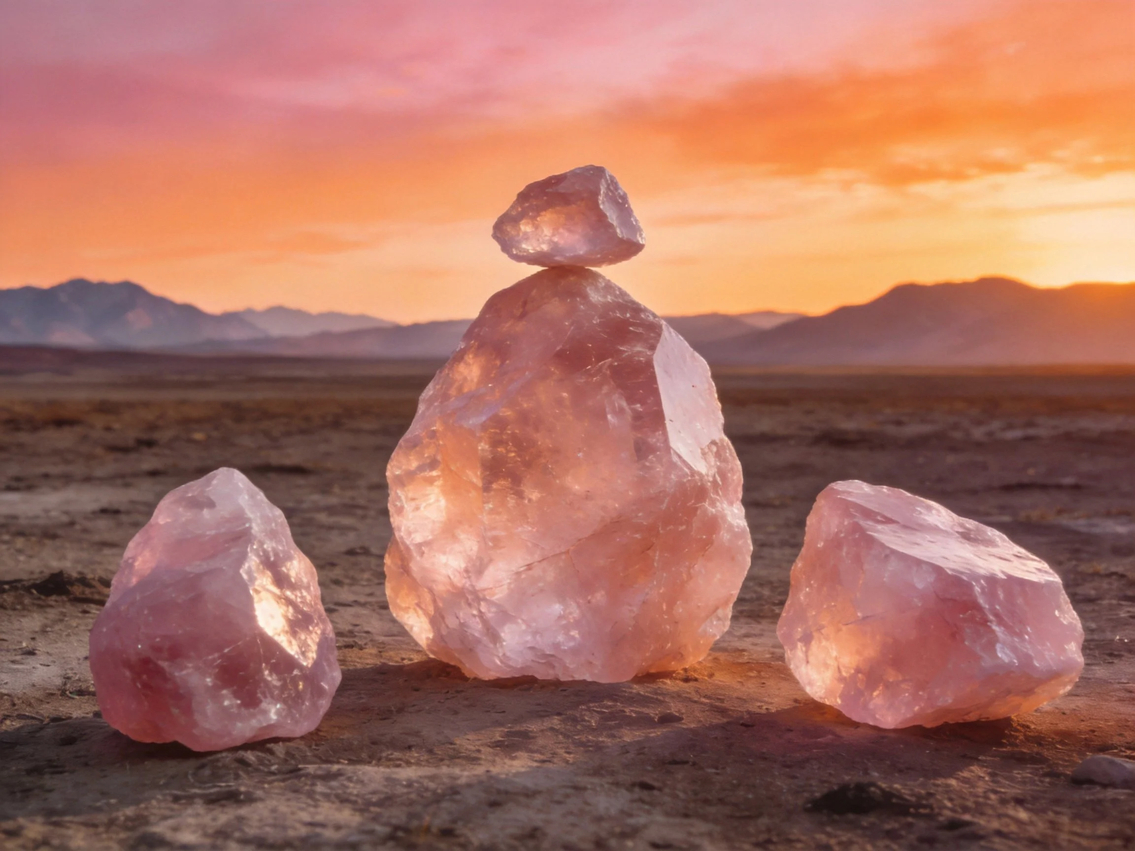 Four pink crystal formations balanced on arid land during sunset