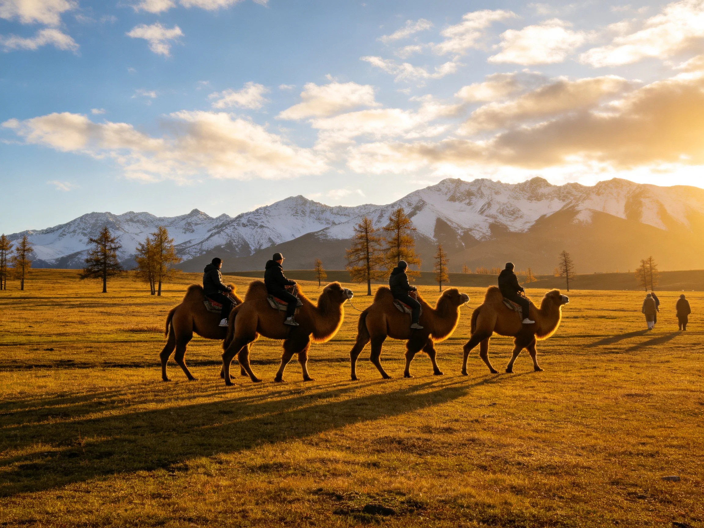 Four riders on camels traverse golden grassland near snow-capped peaks