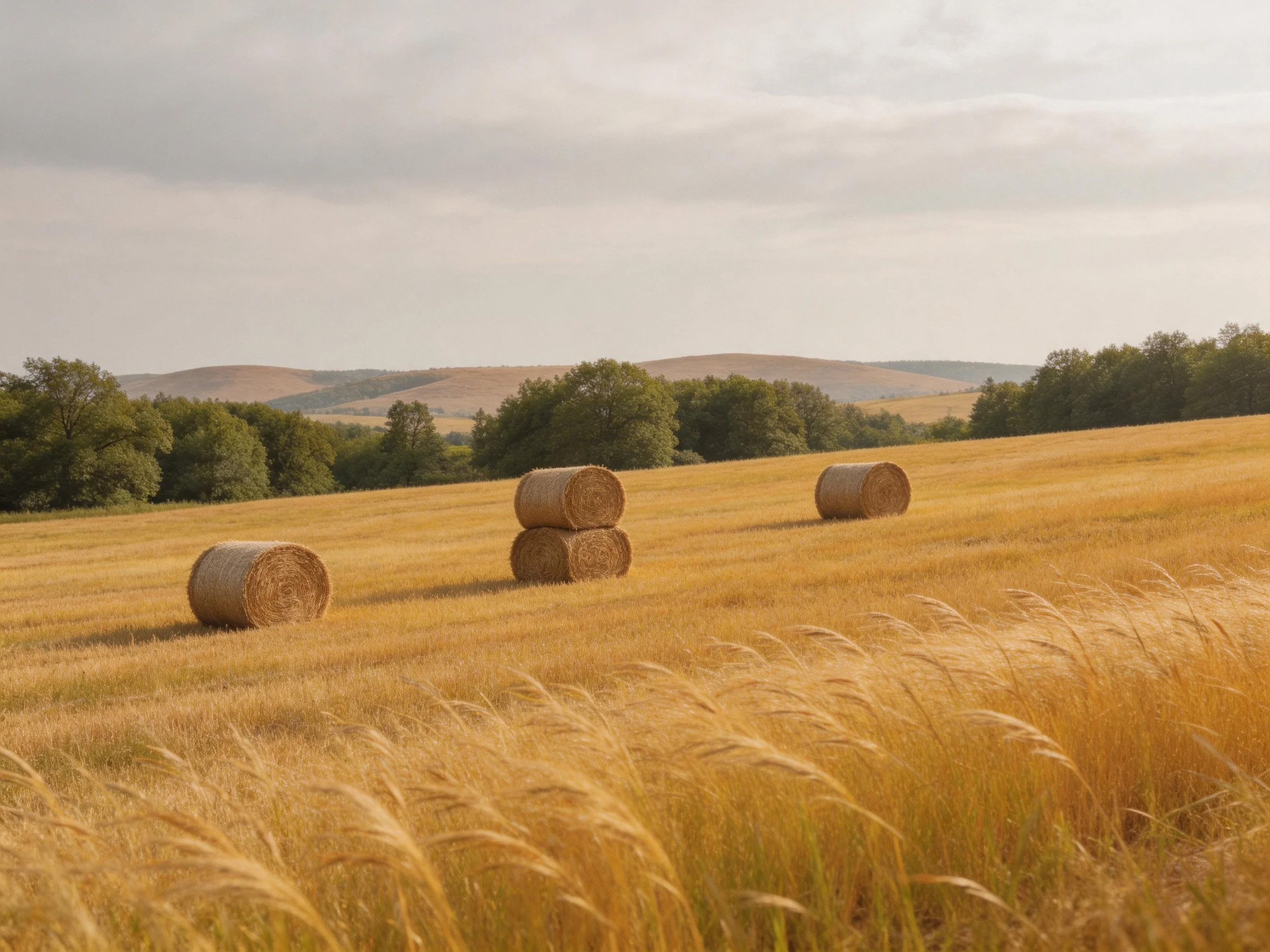 Four round hay bales in a golden wheat field with distant hills