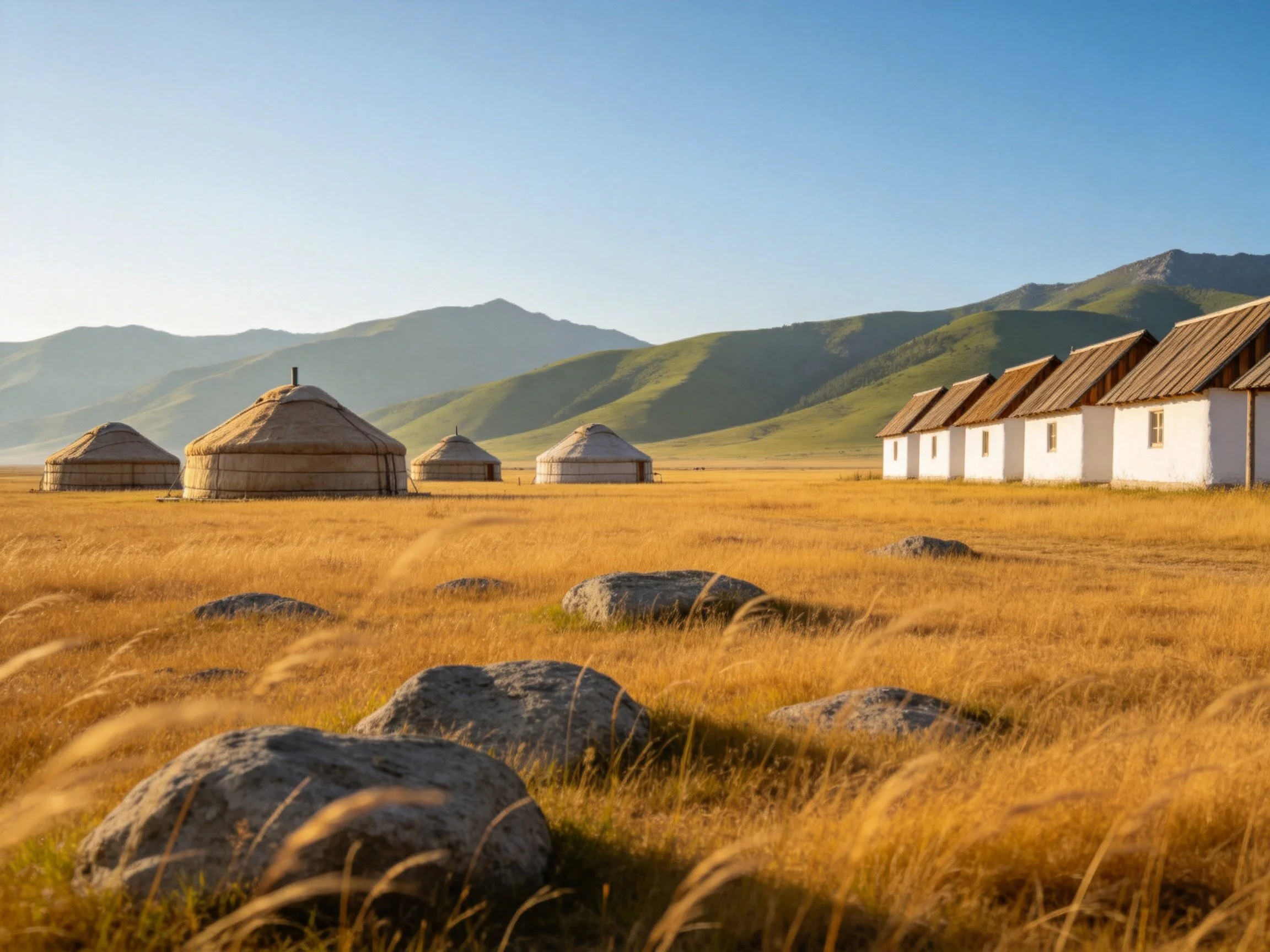 Four round yurts near six white houses in golden grassland with green mountains