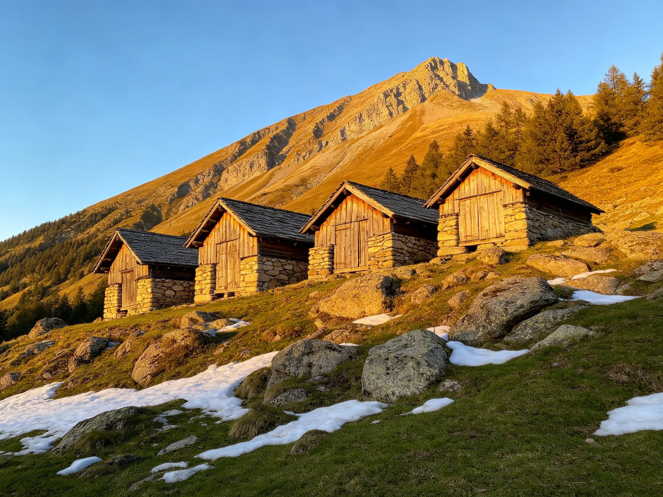 Four rustic wooden cabins beside a golden mountain slope