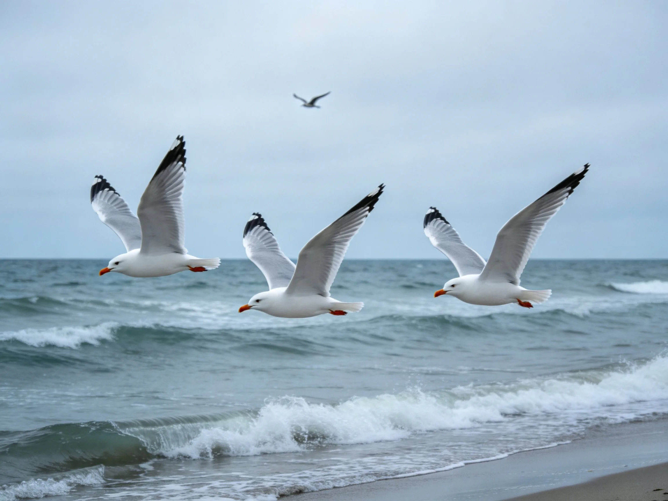 Four seagulls soaring over a blue ocean shoreline