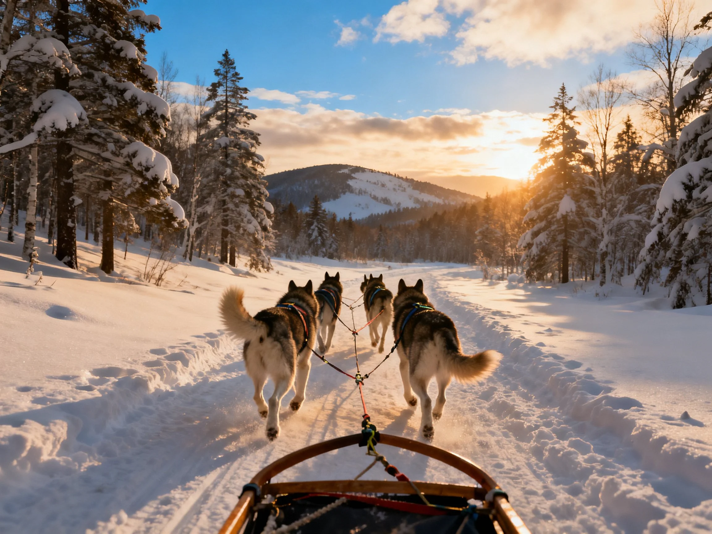 Four sled dogs pull a sled through snow - covered pine forests