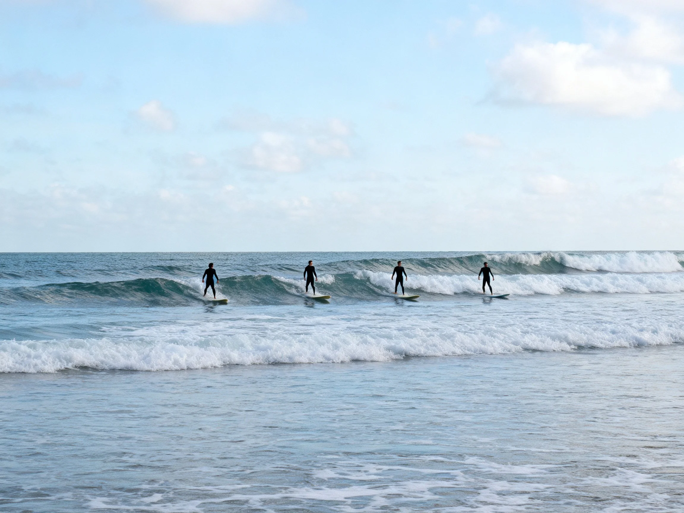 Four surfers in black wetsuits ride ocean waves near a sandy shore