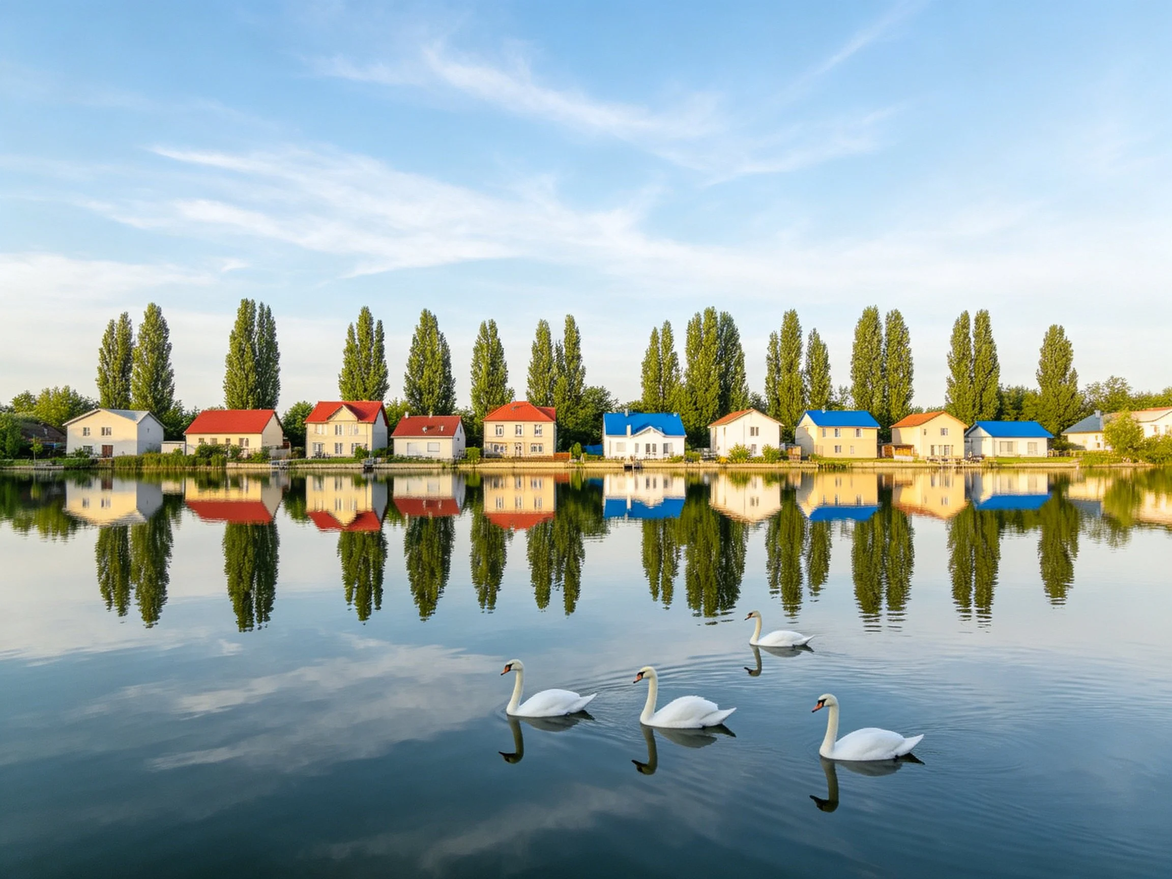 Four swans swim by lakeside homes with colorful roofs, tree reflections.
