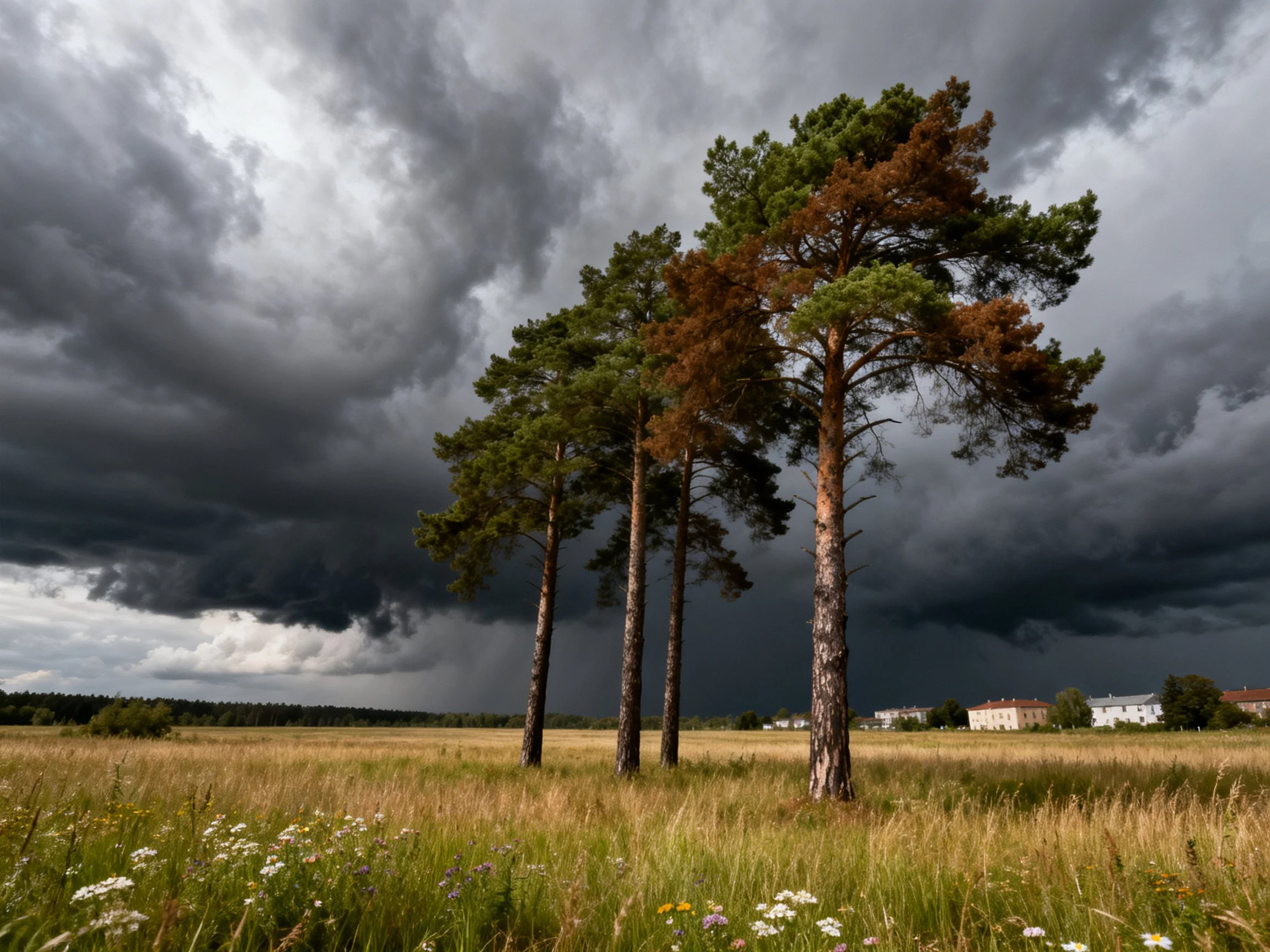 Four tall pine trees stand against ominous storm clouds over golden meadow