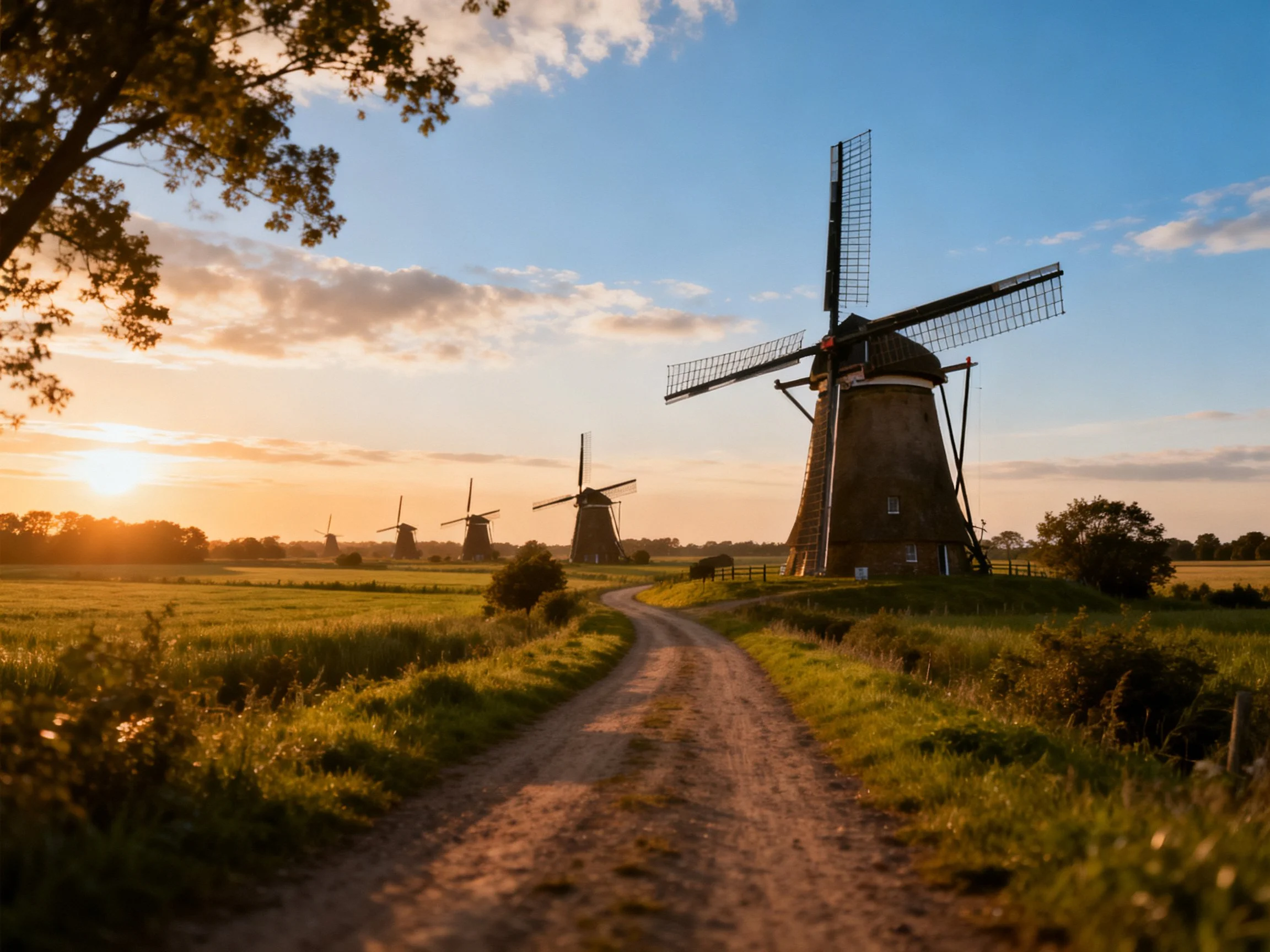 Four traditional windmills beside a dirt path at sunset