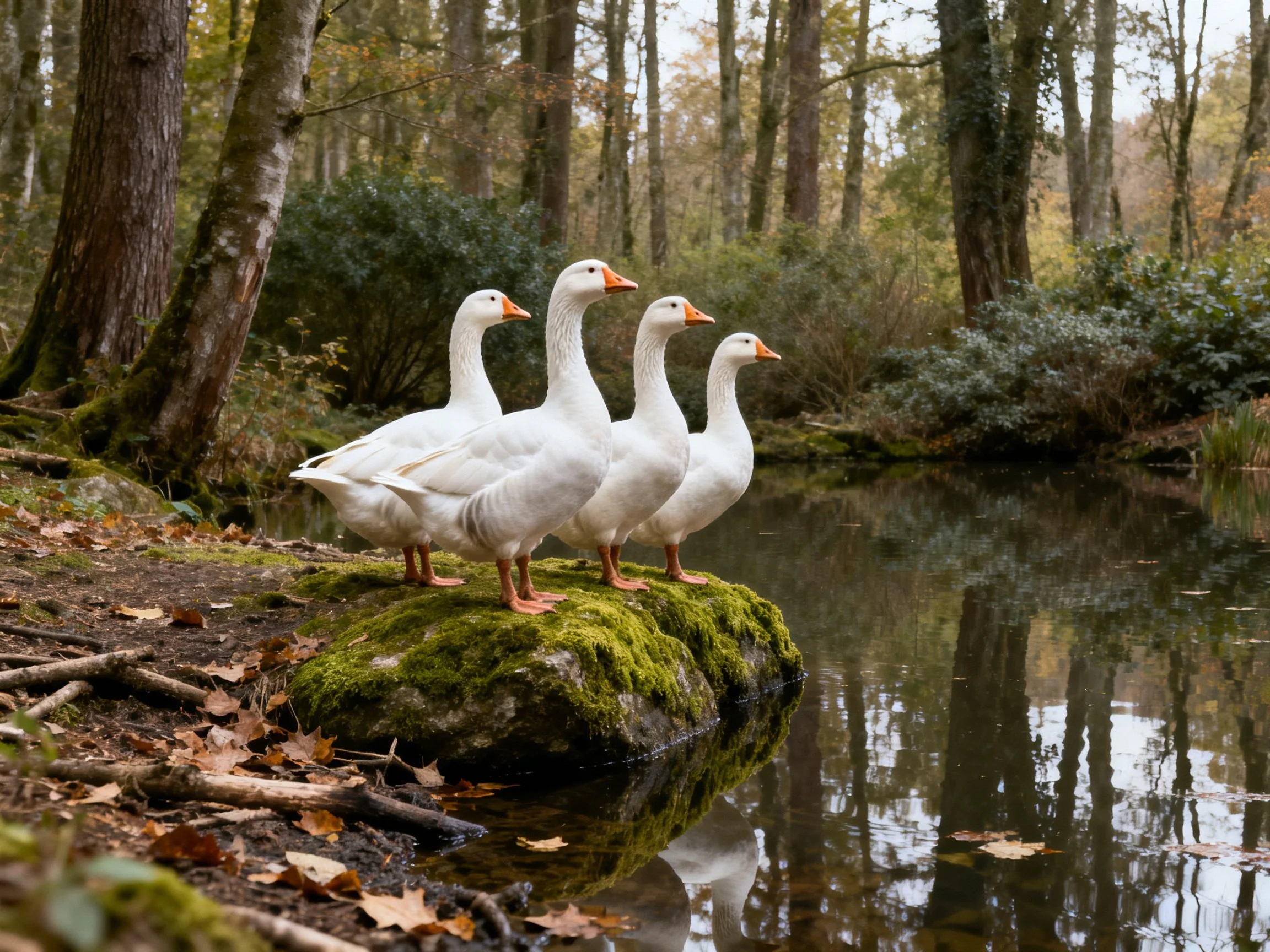 Four white geese stand on a mossy rock by a forest pond.