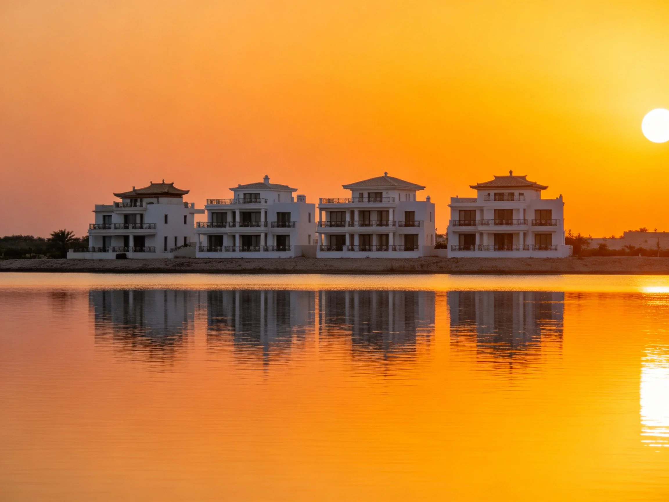 Four white residential buildings reflected in calm water during vibrant sunset