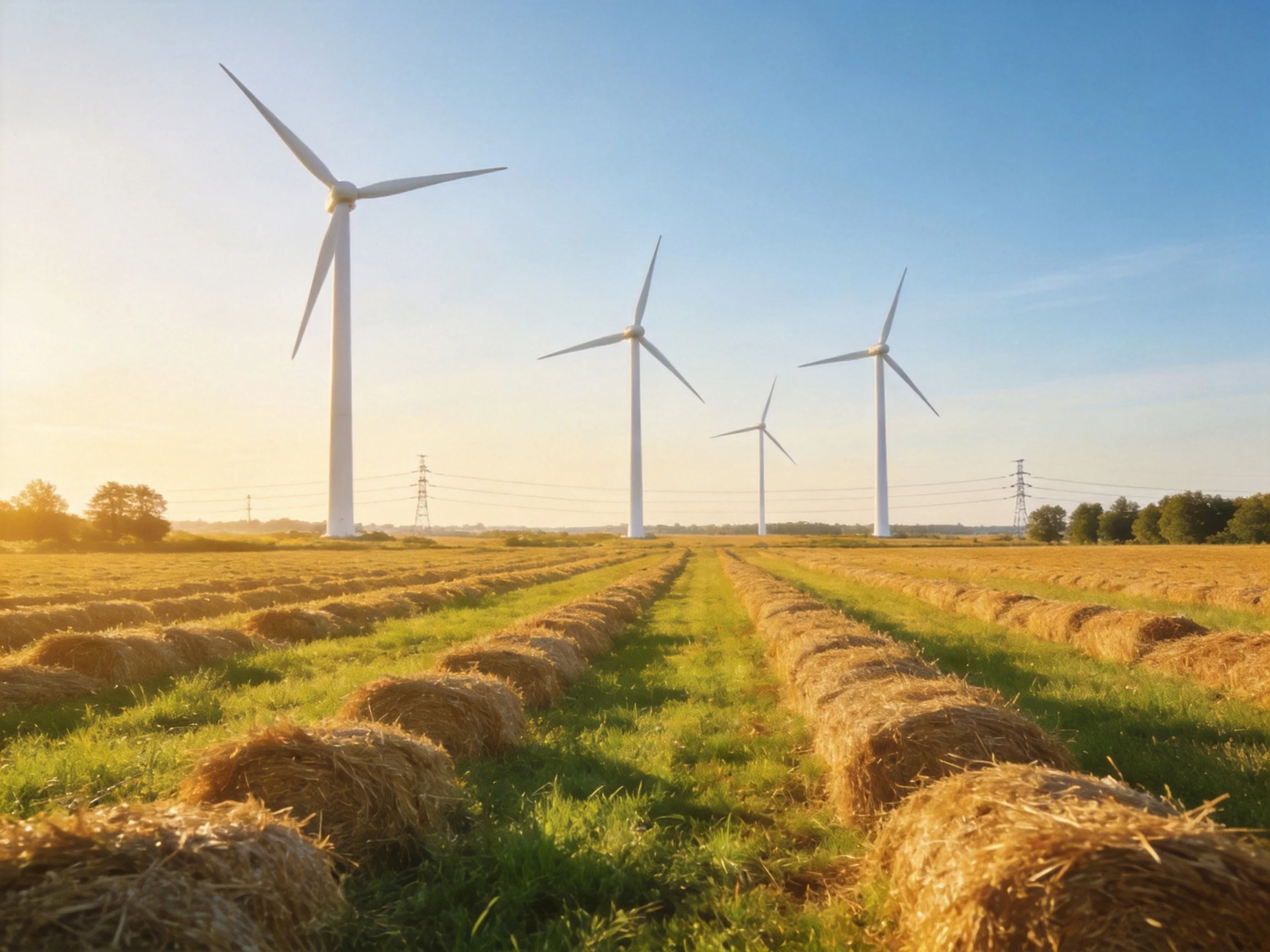 Four wind turbines tower over golden hay bales in sunny field